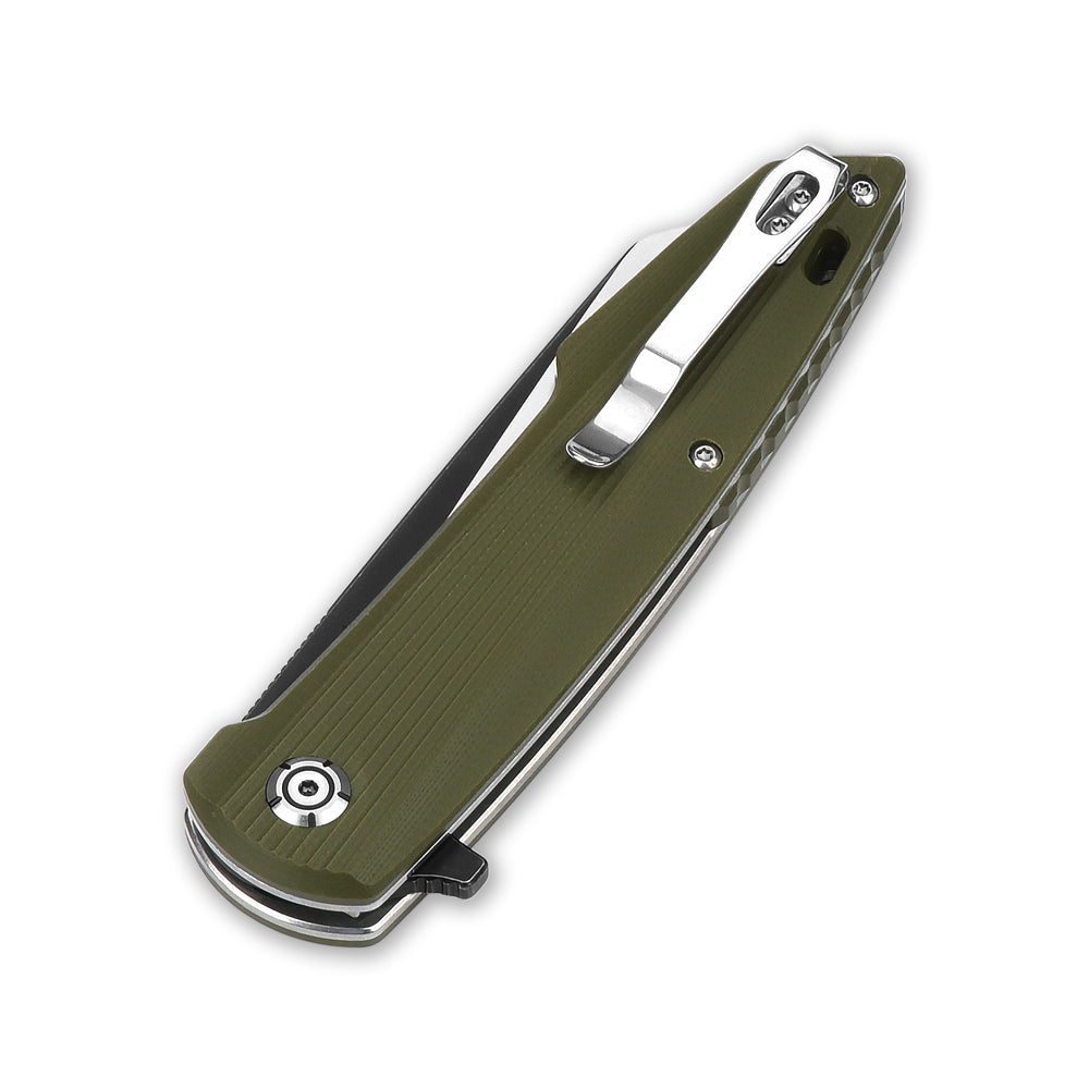 Closed QSP Phoenix pocket knife with D2 blade and green G10 handle