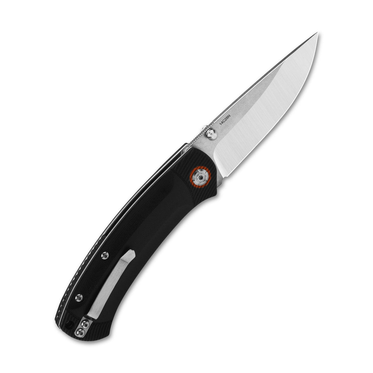 QSP Copperhead pocket knife with sleek black G10 handle and Sandvik 14C28N blade