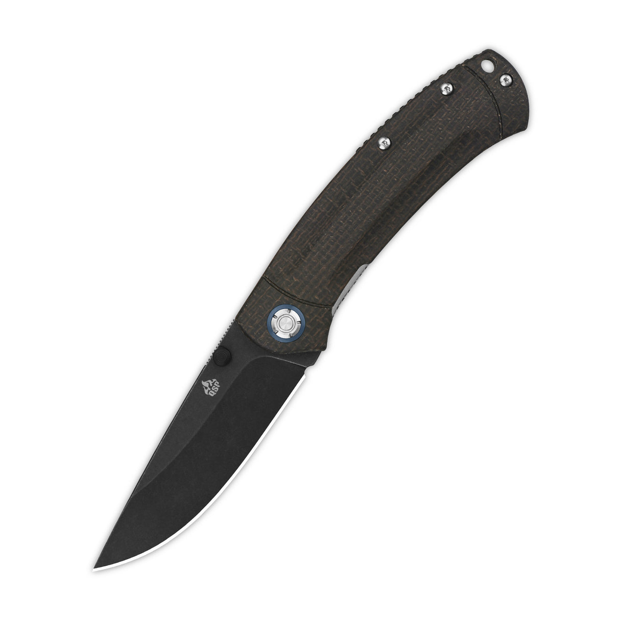 QSP Copperhead pocket knife with black blade and textured dark brown micarta handle