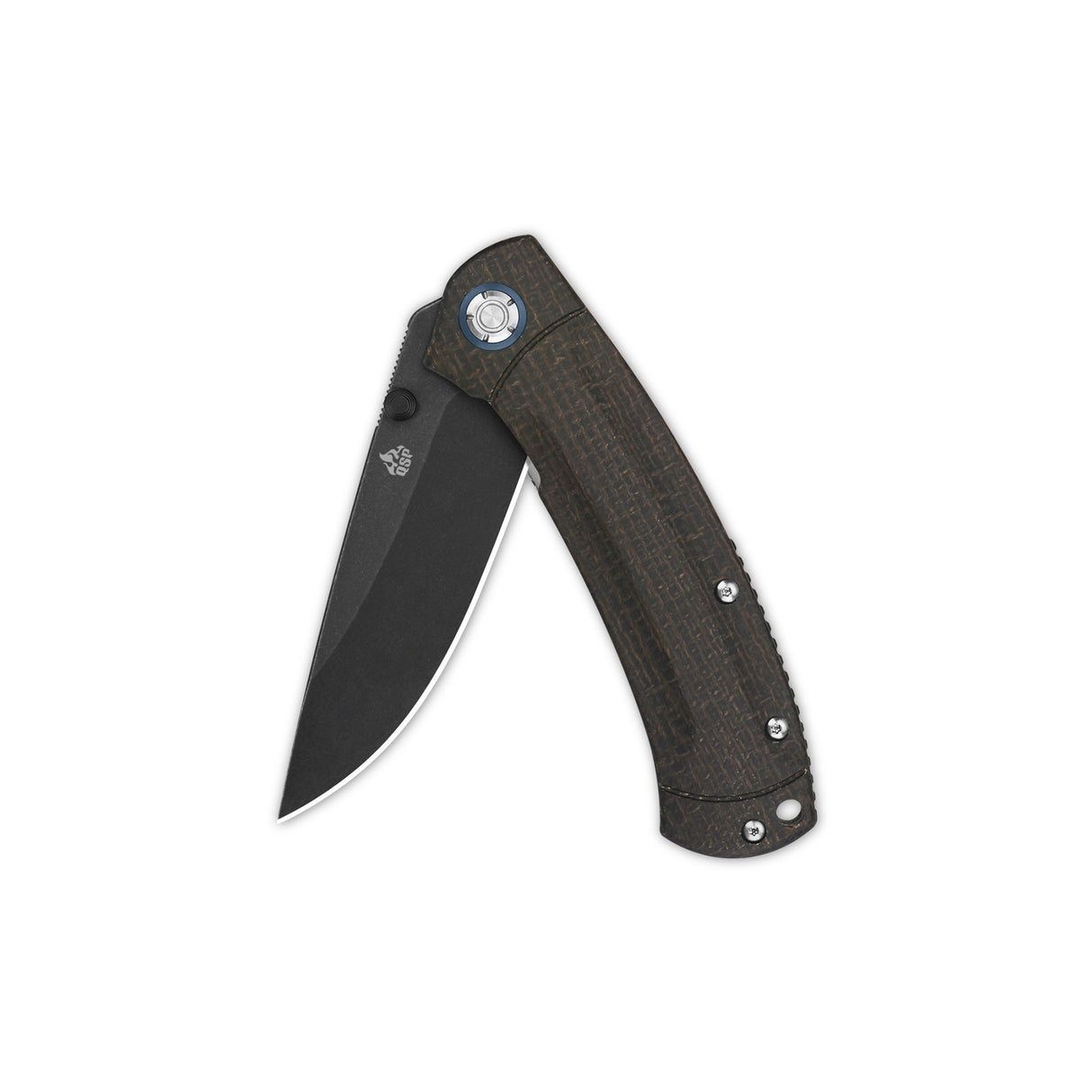 QSP Copperhead pocket knife with black drop point blade and dark brown micarta handle