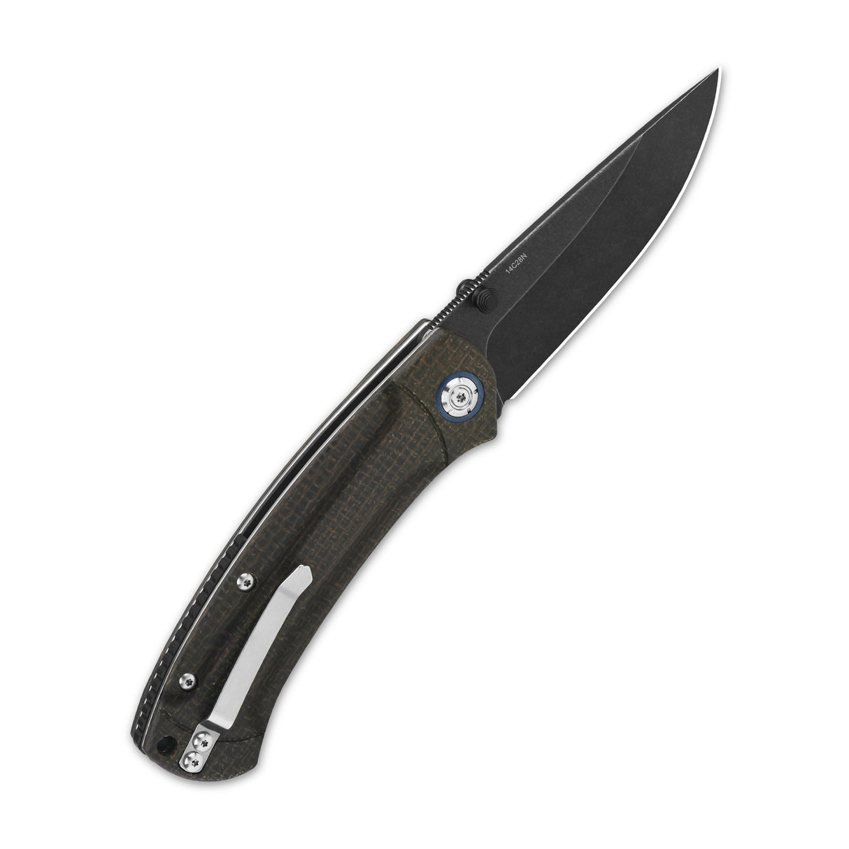 QSP Copperhead pocket knife featuring black blade and textured dark brown micarta handle.