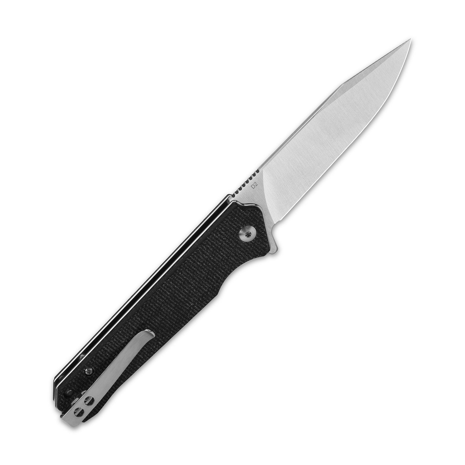 QSP Mamba V2 pocket knife with clip point D2 blade and textured black micarta handle