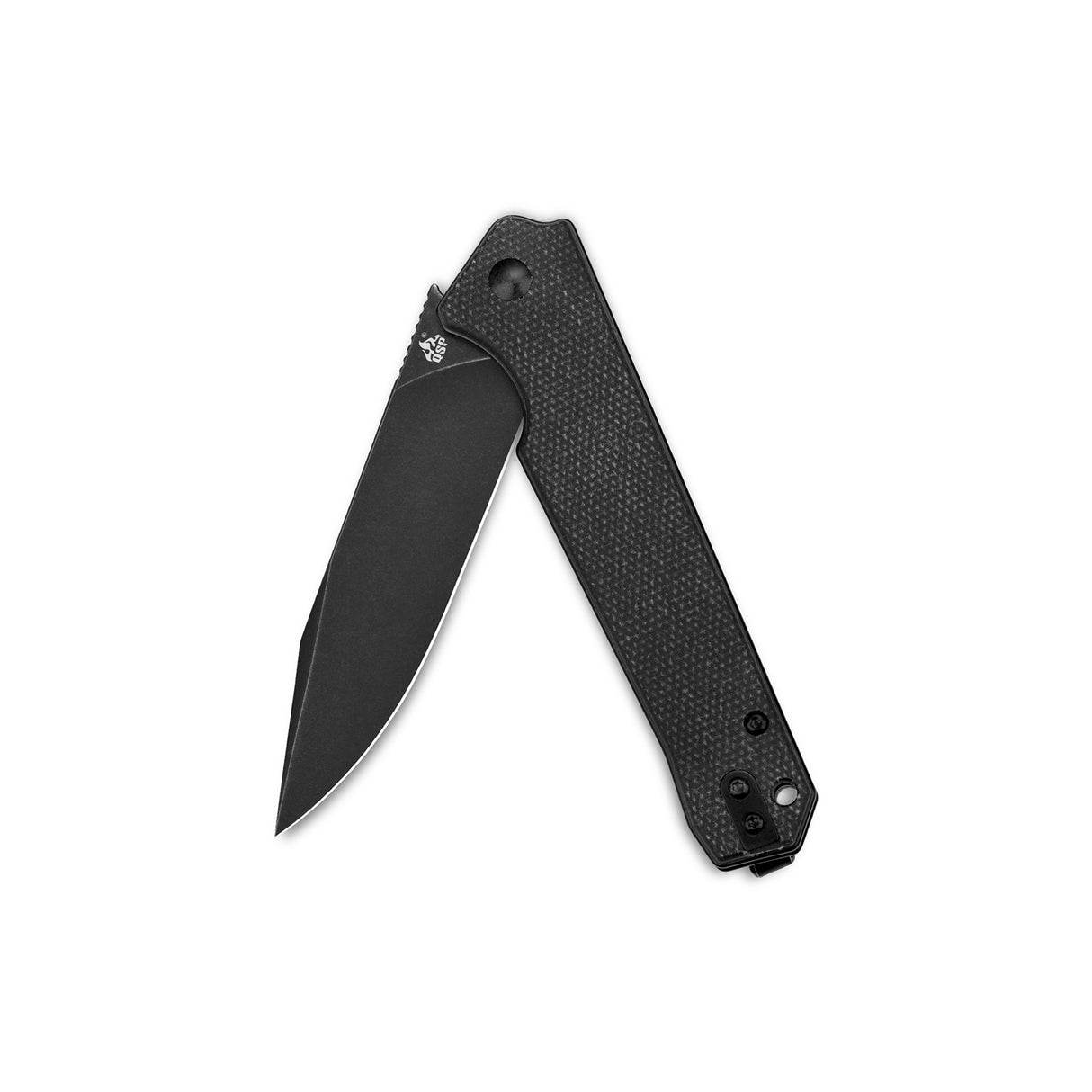 Closed QSP Mamba V2 pocket knife with D2 blade and textured black micarta handle