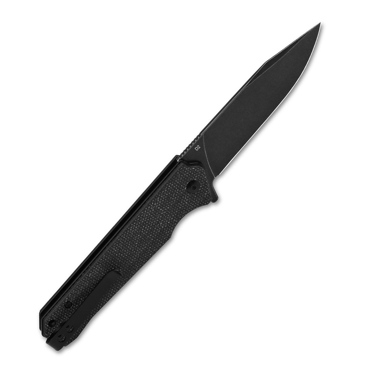 QSP Mamba V2 pocket knife with black micarta handle and clip point D2 blade, open.