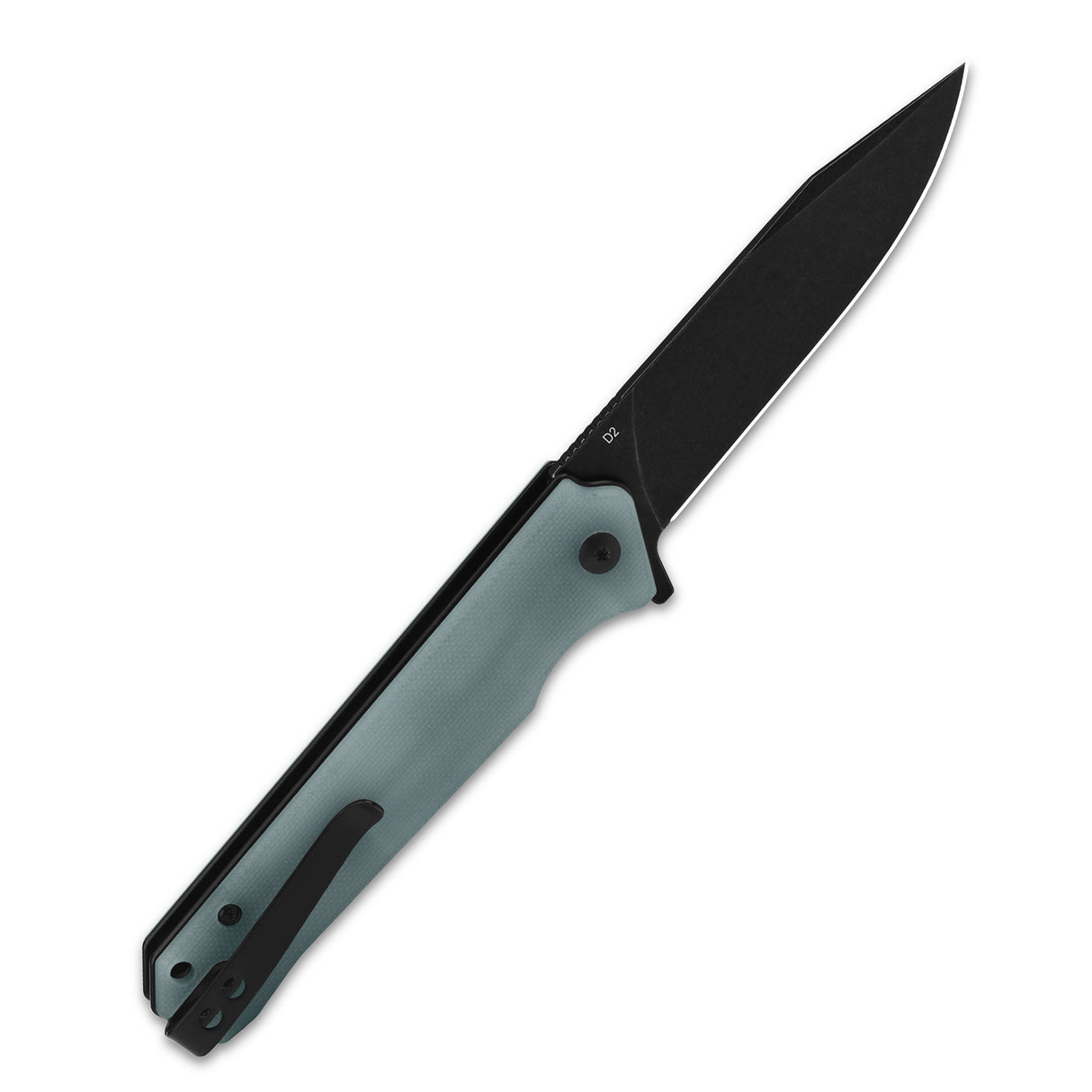 QSP Mamba V2 pocket knife with black D2 blade and jade G10 handle, side view.