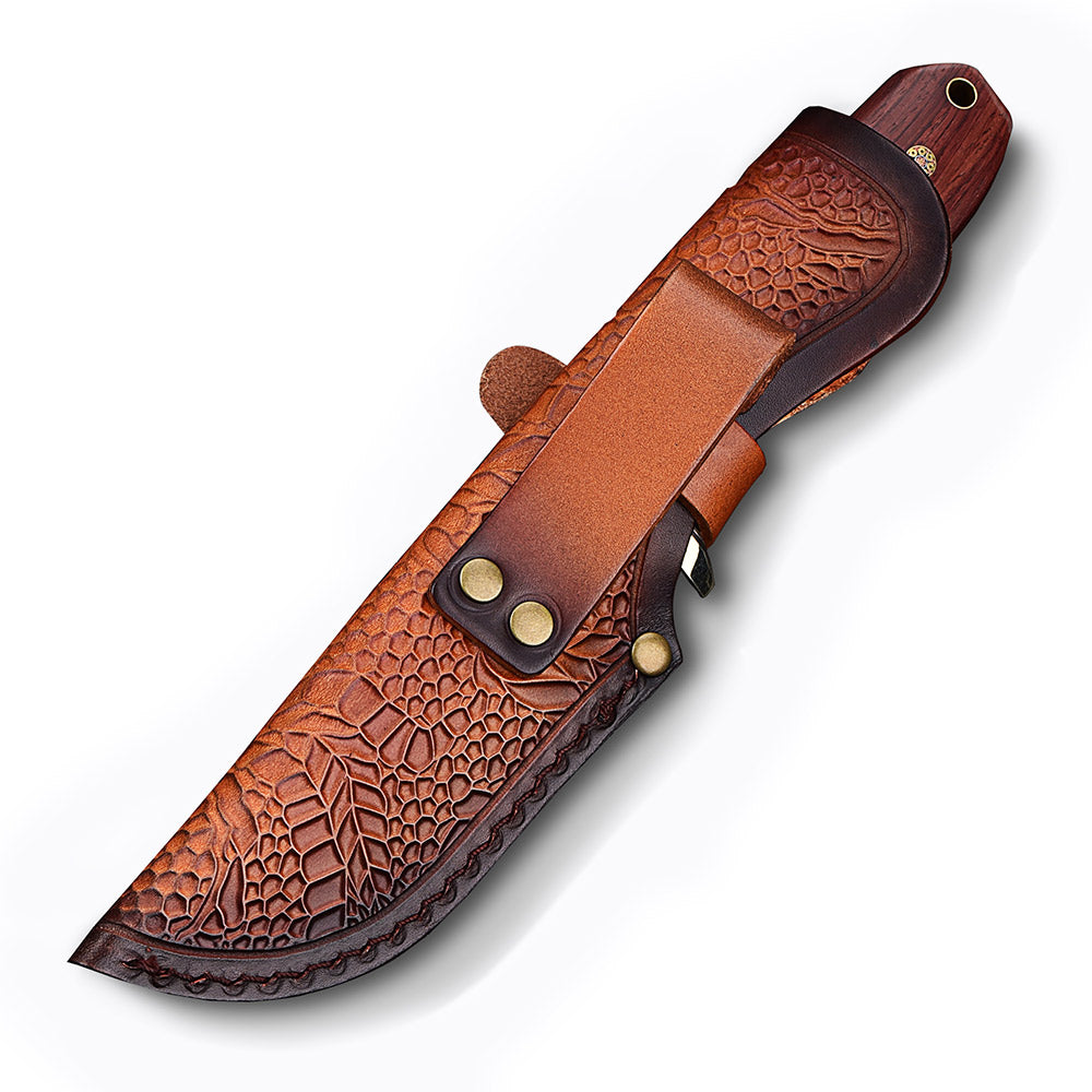 Leather sheath with embossed dragon design for QSP Erised I fixed blade knife