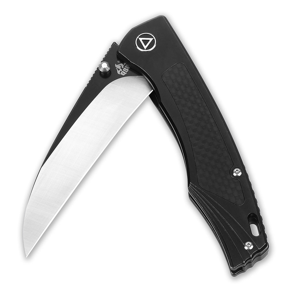 QSP Songbird pocket knife with black titanium handle and CPM S35VN blade, folded.