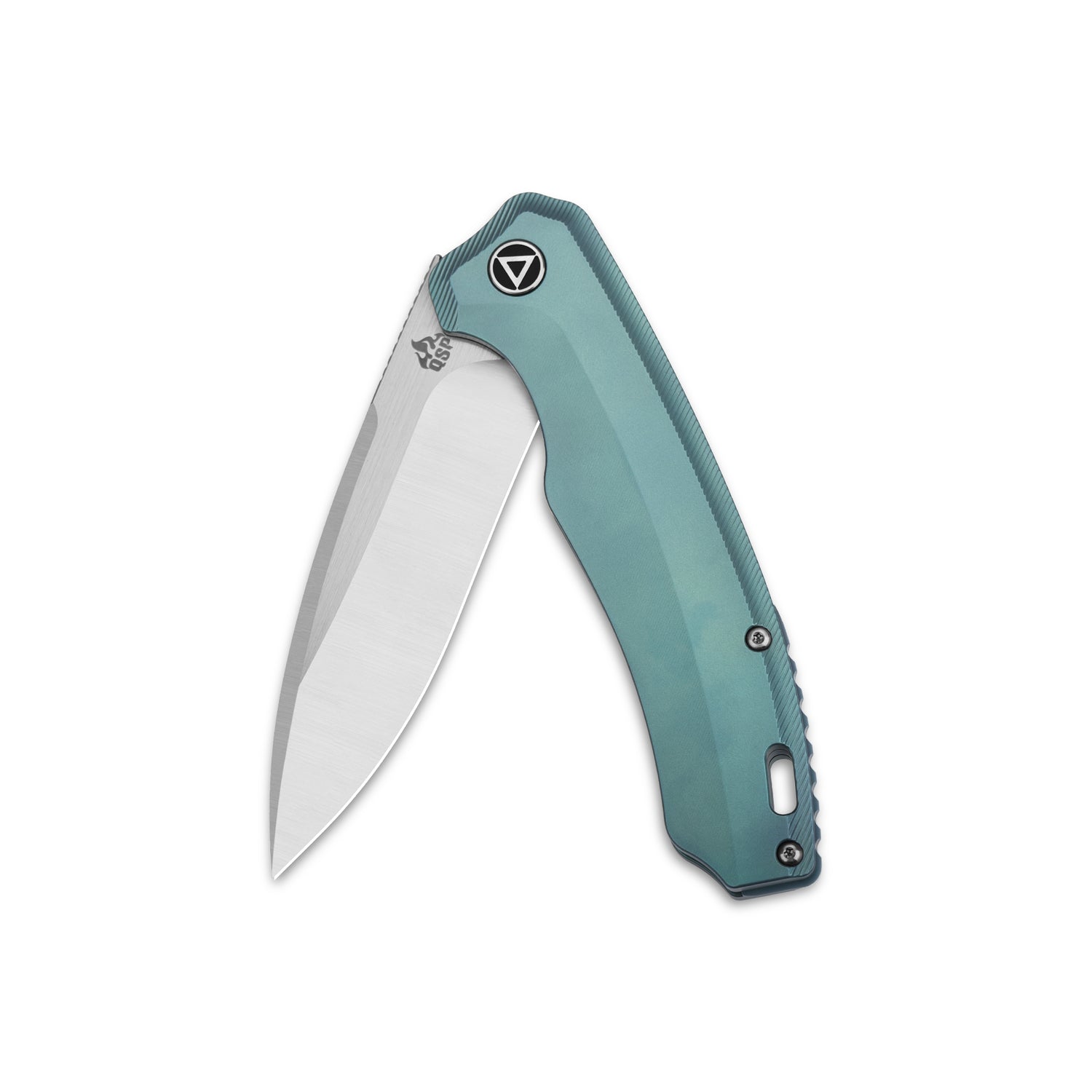QSP Woodpecker pocket knife with Böhler M390 blade and teal titanium handle.