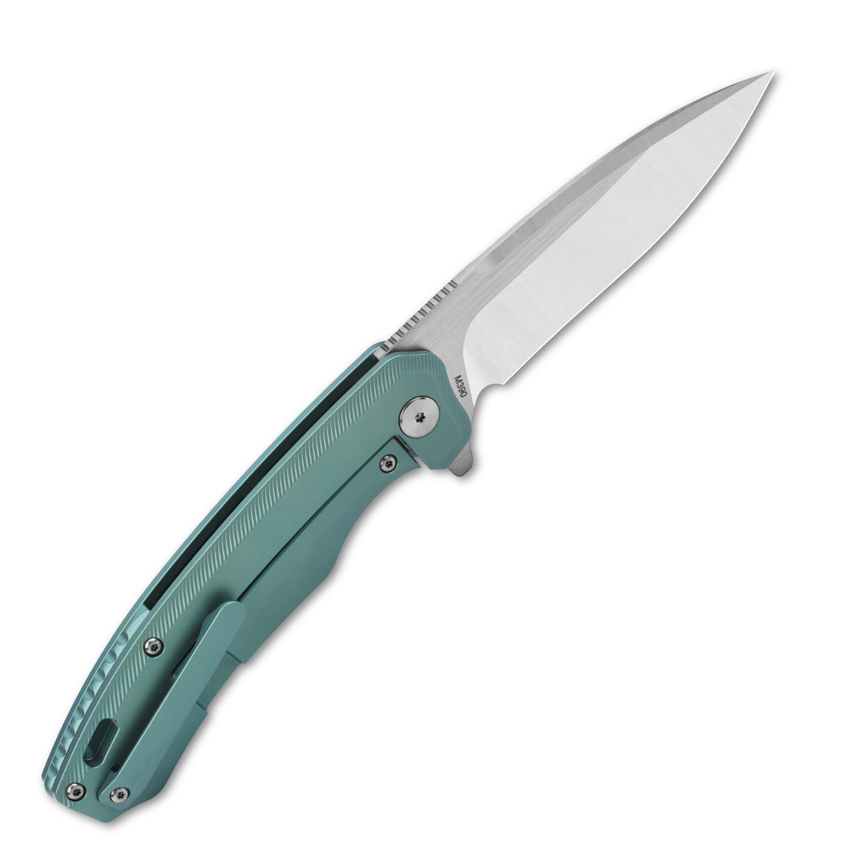 QSP Woodpecker pocket knife with teal titanium handle and Böhler M390 blade