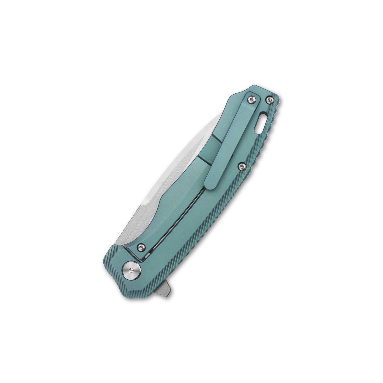QSP Woodpecker pocket knife side view with titanium handle and Böhler M390 blade.