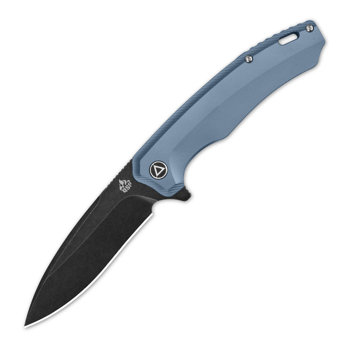 QSP Woodpecker Frame Lock Pocket Knife with Böhler M390 blade and blue titanium handle