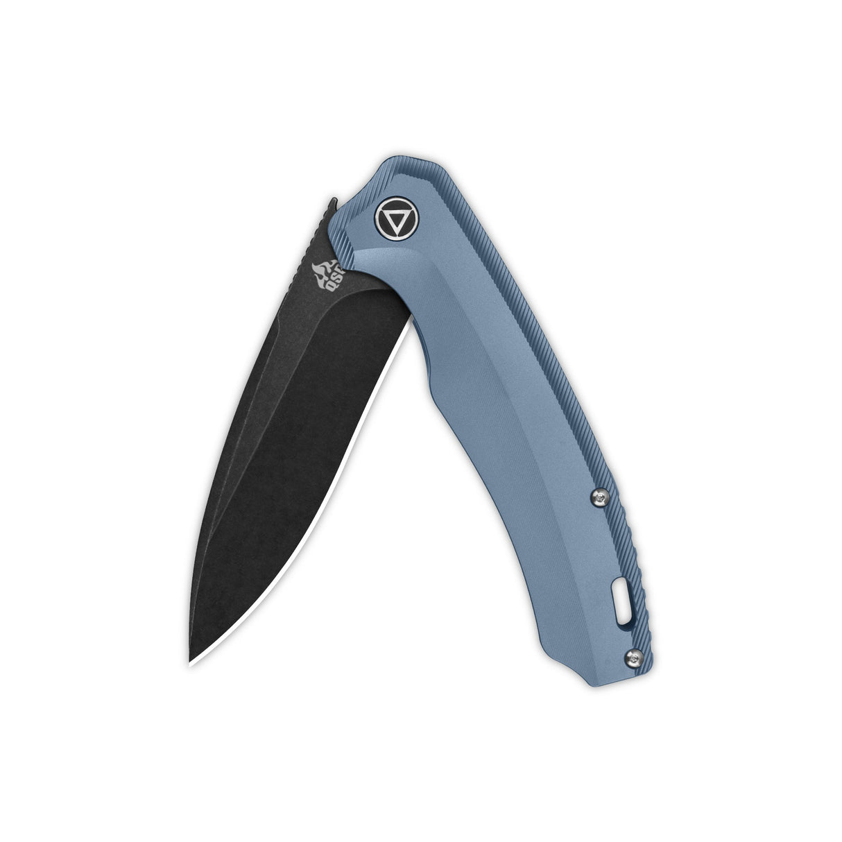 QSP Woodpecker pocket knife showcasing Böhler M390 blade and blue titanium handle