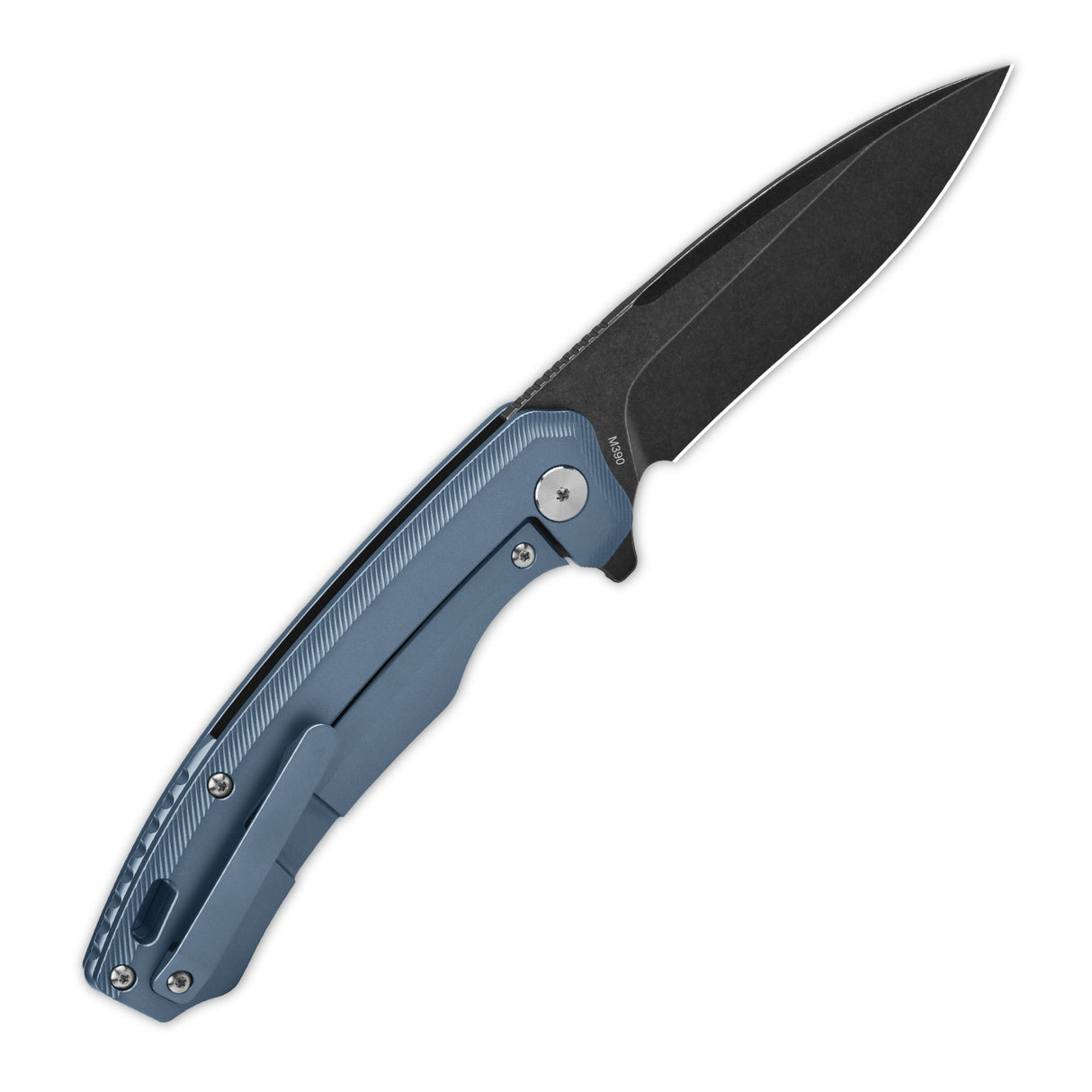 Open QSP Woodpecker pocket knife with Böhler M390 blade and blue titanium handle