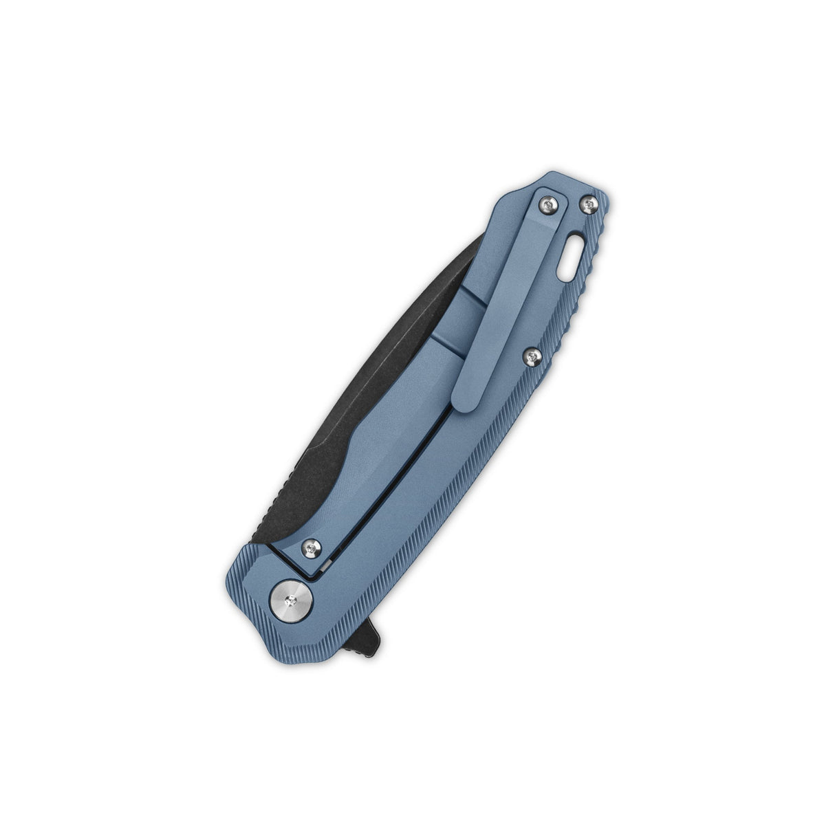 Closed QSP Woodpecker pocket knife with blue titanium handle