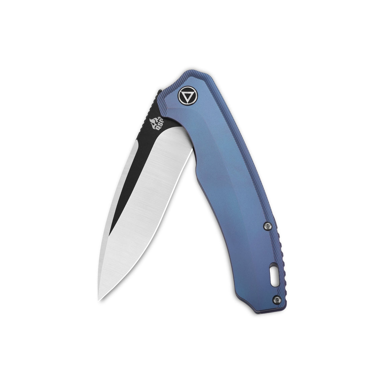 QSP Woodpecker blue titanium pocket knife with Böhler M390 blade, closed position