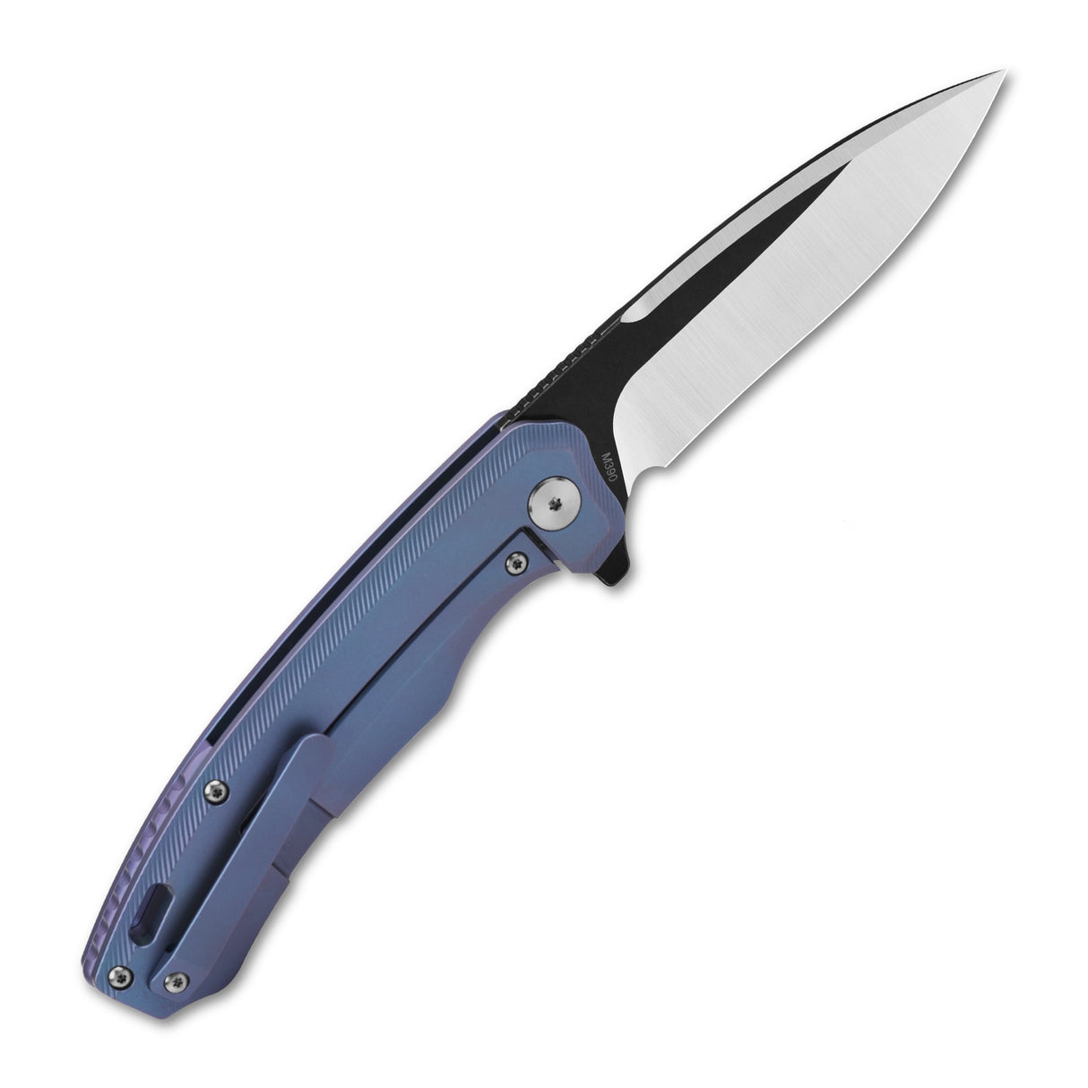QSP Woodpecker pocket knife with Böhler M390 blade and blue titanium handle, open