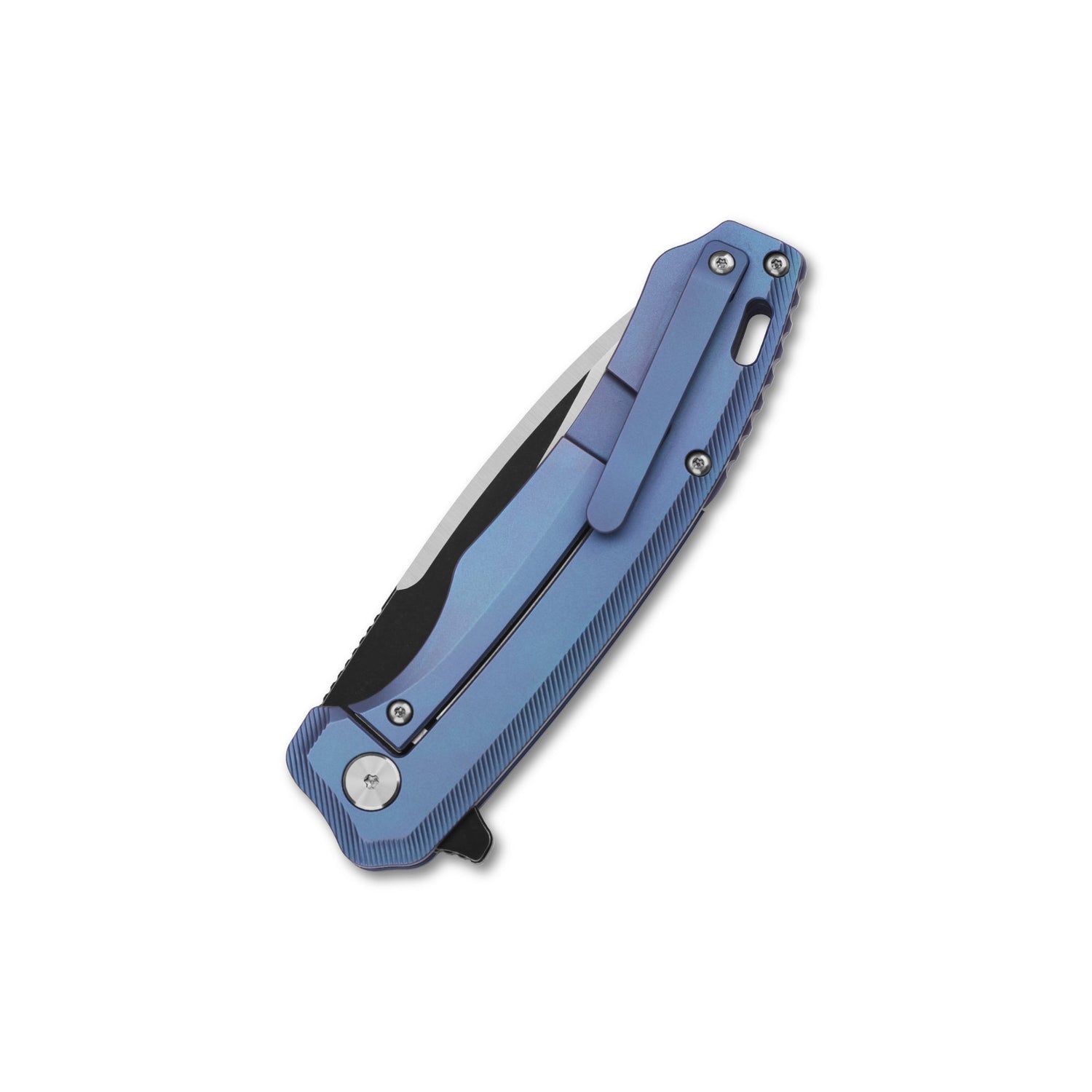 QSP Woodpecker pocket knife with blue titanium handle and Böhler M390 blade