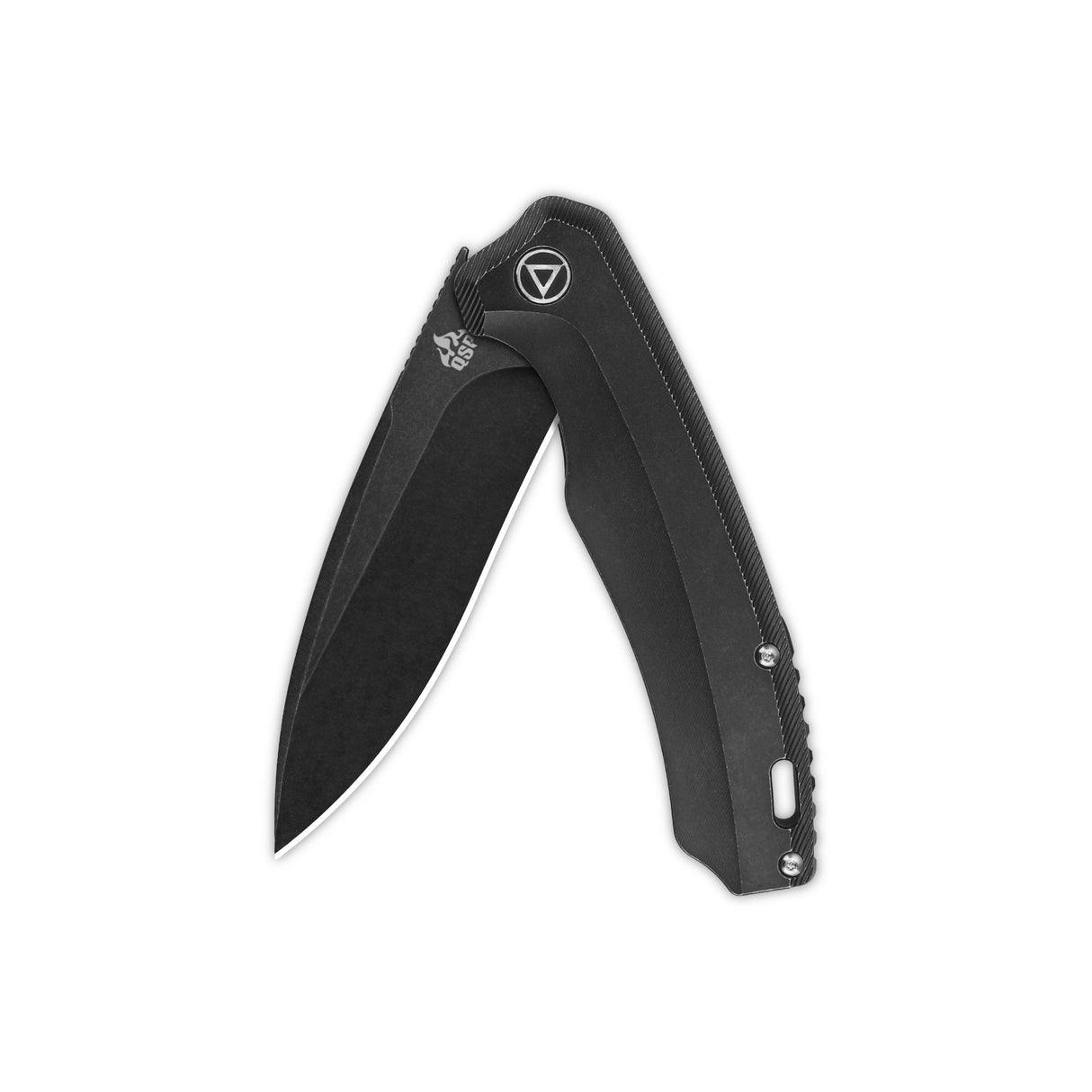 Folded QSP Woodpecker pocket knife with black stonewashed blade and handle