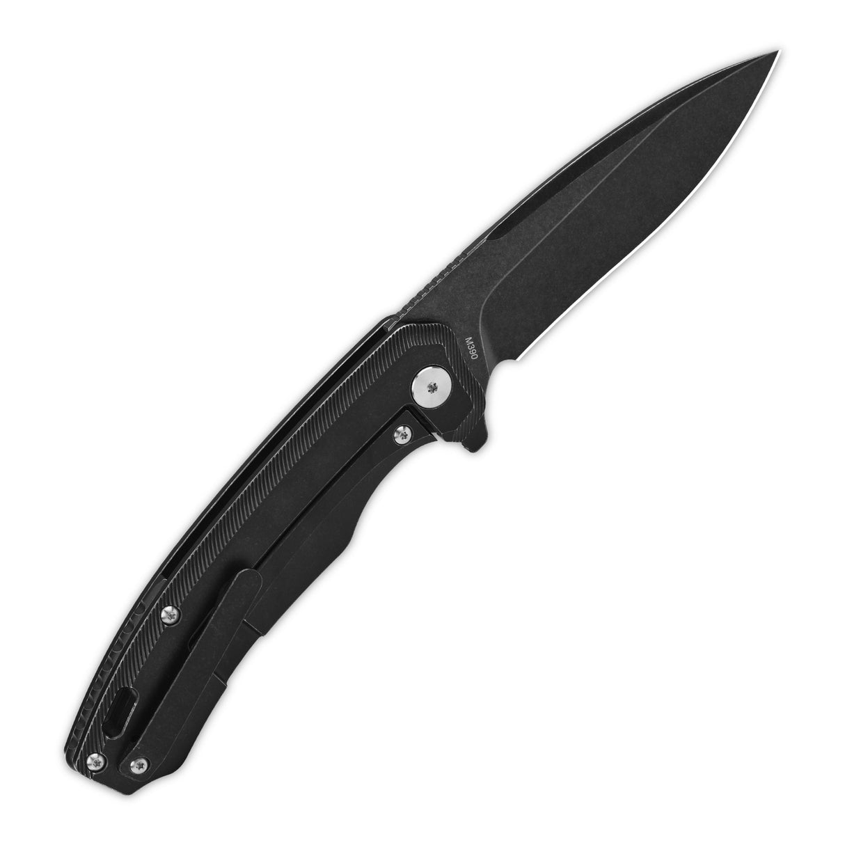 QSP Woodpecker Frame Lock Pocket Knife Böhler M390 Blade Black Stonewashed Titanium Handle