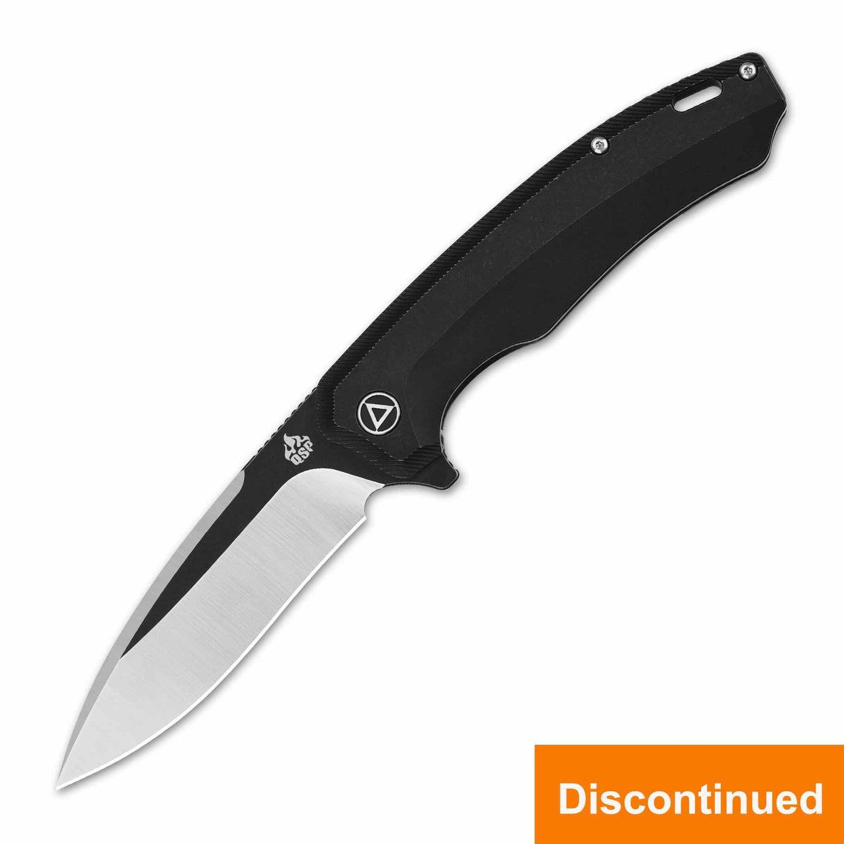 Black handle pocket knife with stainless steel blade, marked as discontinued