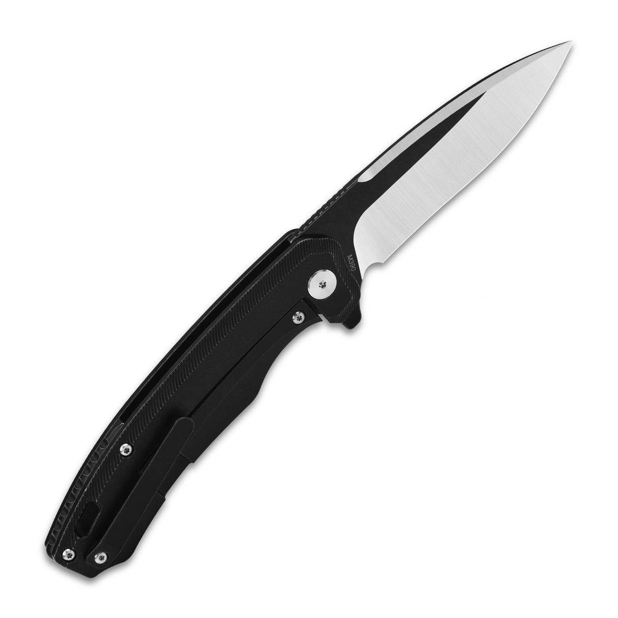 Slim black pocket knife featuring a stainless steel blade and ergonomic handle.