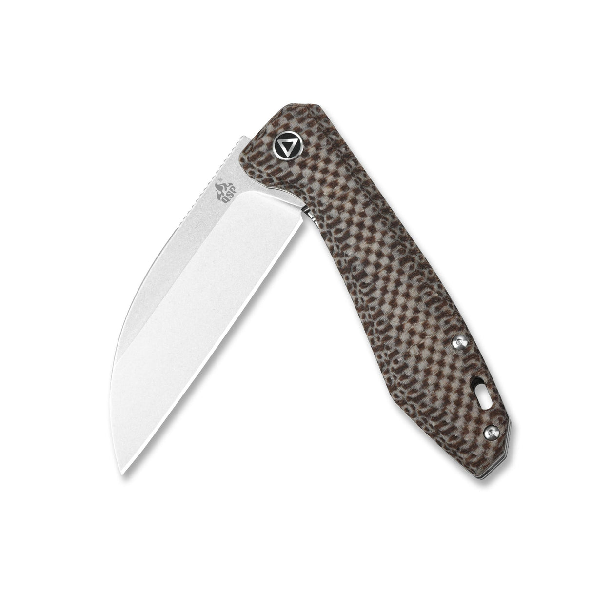 QSP Pelican knife with CPM S35VN blade and brown micarta handle, showcasing sleek design.