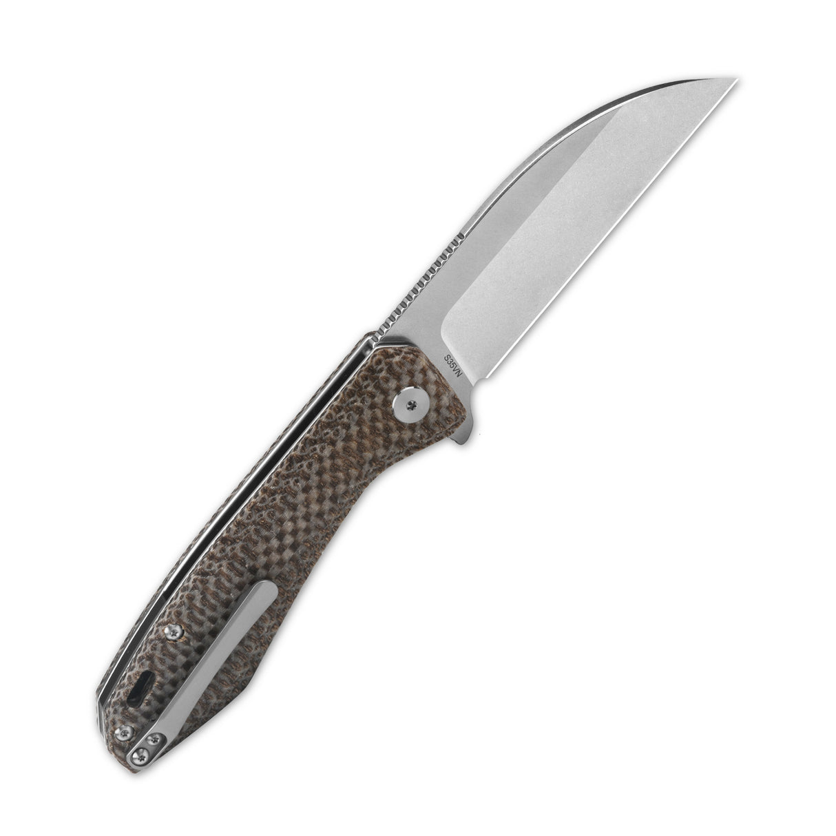 QSP Pelican pocket knife with textured brown Micarta handle and polished S35VN blade