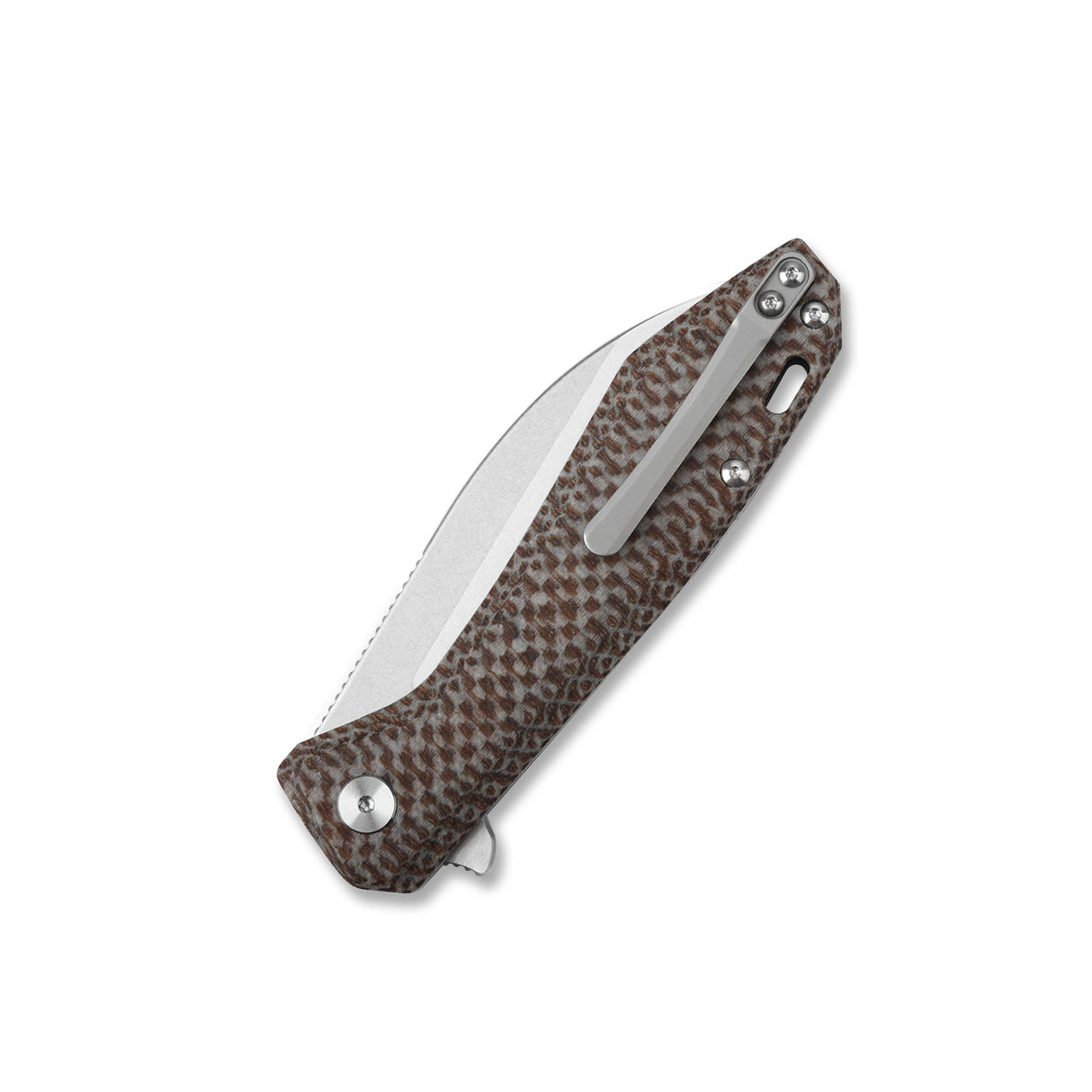 QSP Pelican knife with textured brown micarta handle and sleek folding design