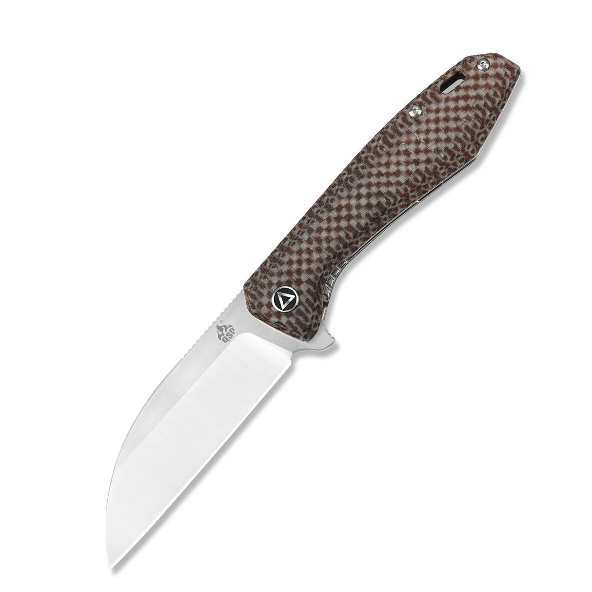 QSP Pelican pocket knife with polished S35VN blade and brown textured Micarta handle