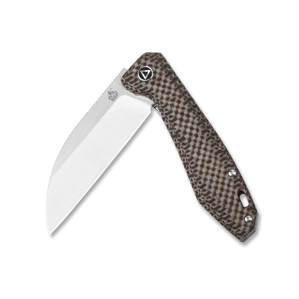 QSP Pelican pocket knife with S35VN blade and brown textured Micarta handle.