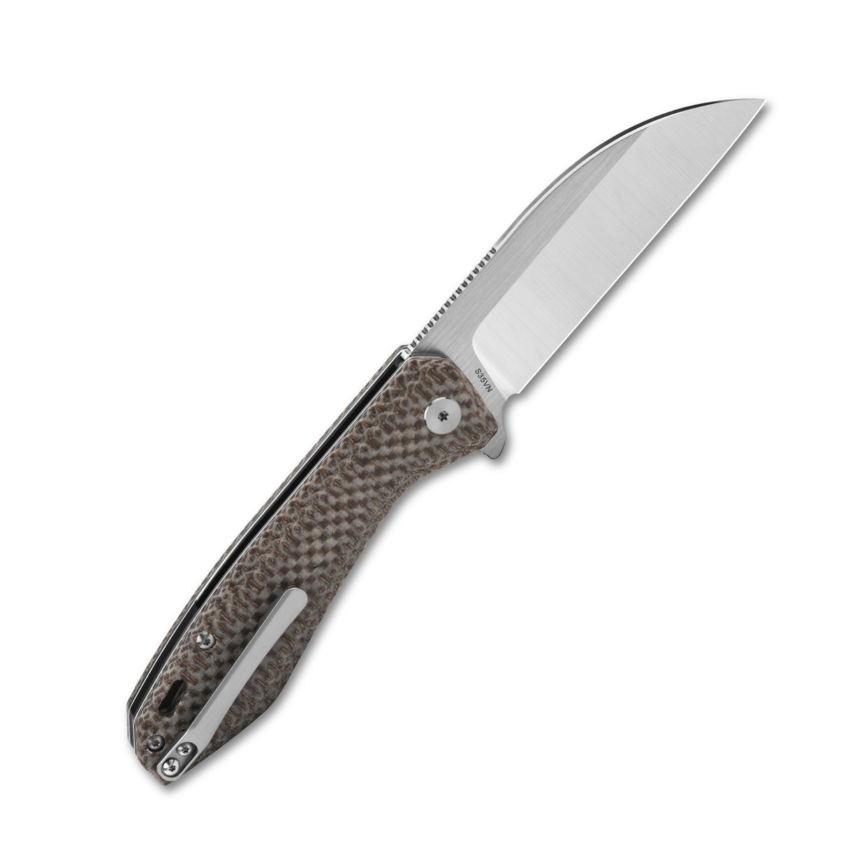 QSP Pelican pocket knife with sleek S35VN blade and textured brown Micarta handle.