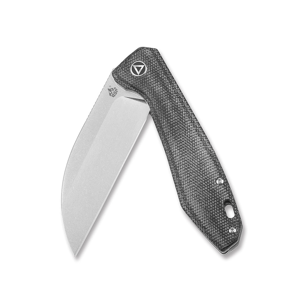 QSP Pelican pocket knife with CPM S35VN blade and textured black Micarta handle.