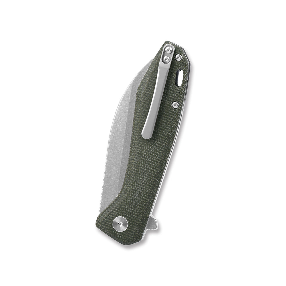 QSP Pelican pocket knife featuring green Micarta handle and sleek CPM S35VN blade