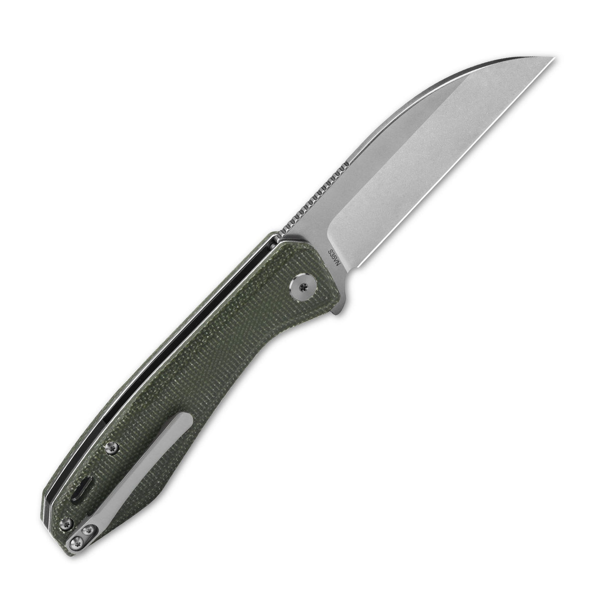 QSP Pelican pocket knife with green Micarta handle and polished S35VN blade
