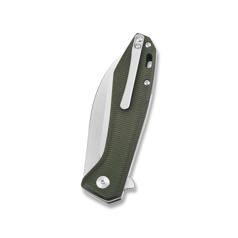 QSP Pelican pocket knife with green Micarta handle and shiny CPM S35VN blade profile