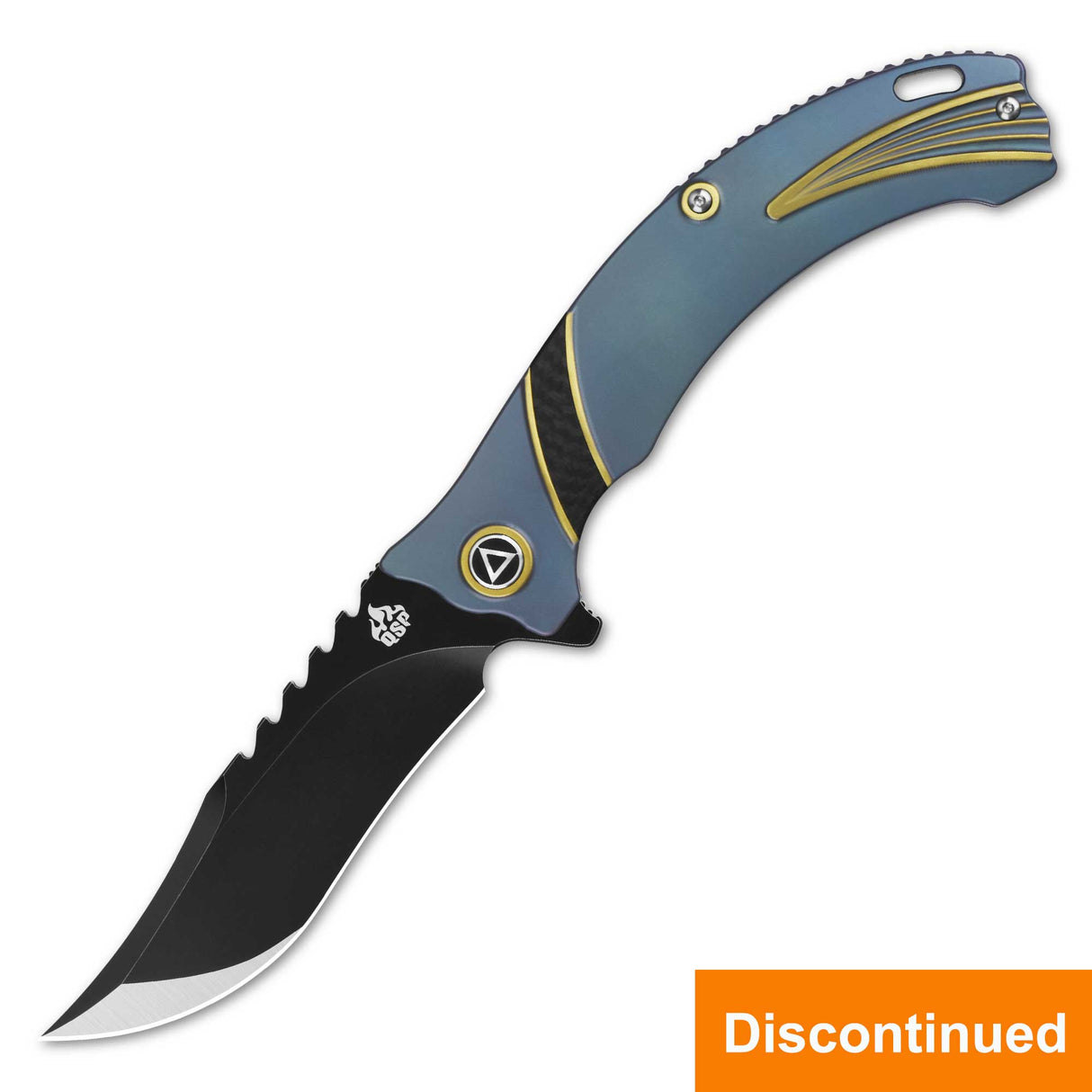 QSP Kylin pocket knife with serrated black blade and blue handle, discontinued