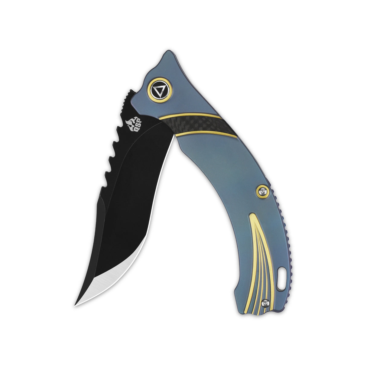 QSP Kylin pocket knife with curved black blade and gray-blue handle
