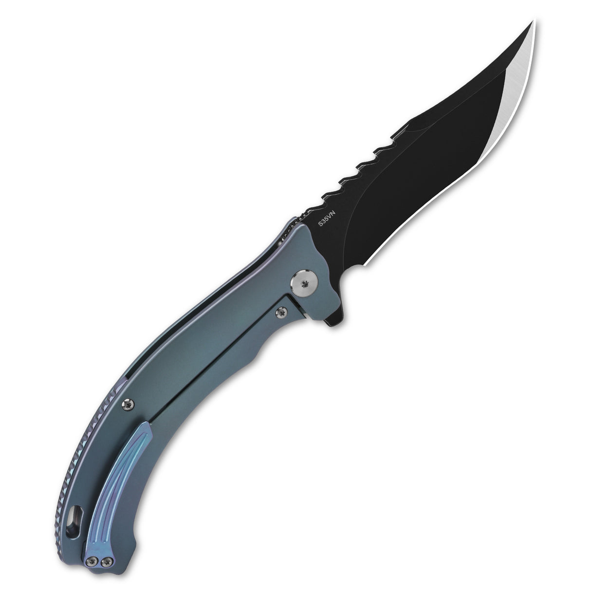 QSP Kylin pocket knife with sleek black serrated blade and titanium-blue handle