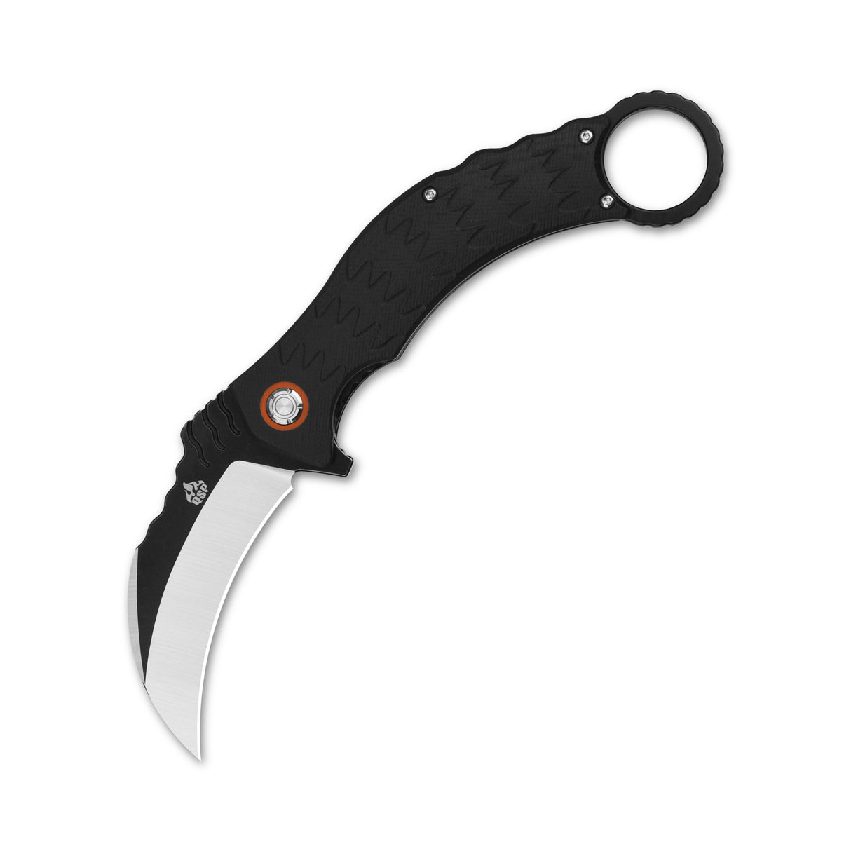 Black karambit knife with curved blade and ergonomic handle