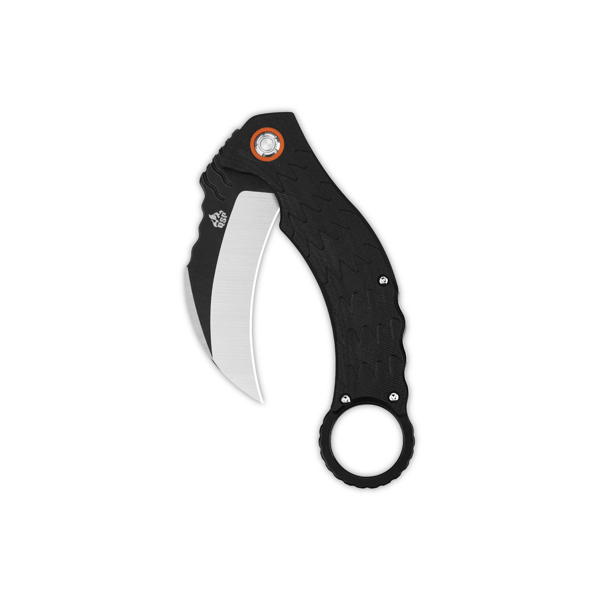 Ergonomic black karambit knife with a curved D2 blade and finger ring