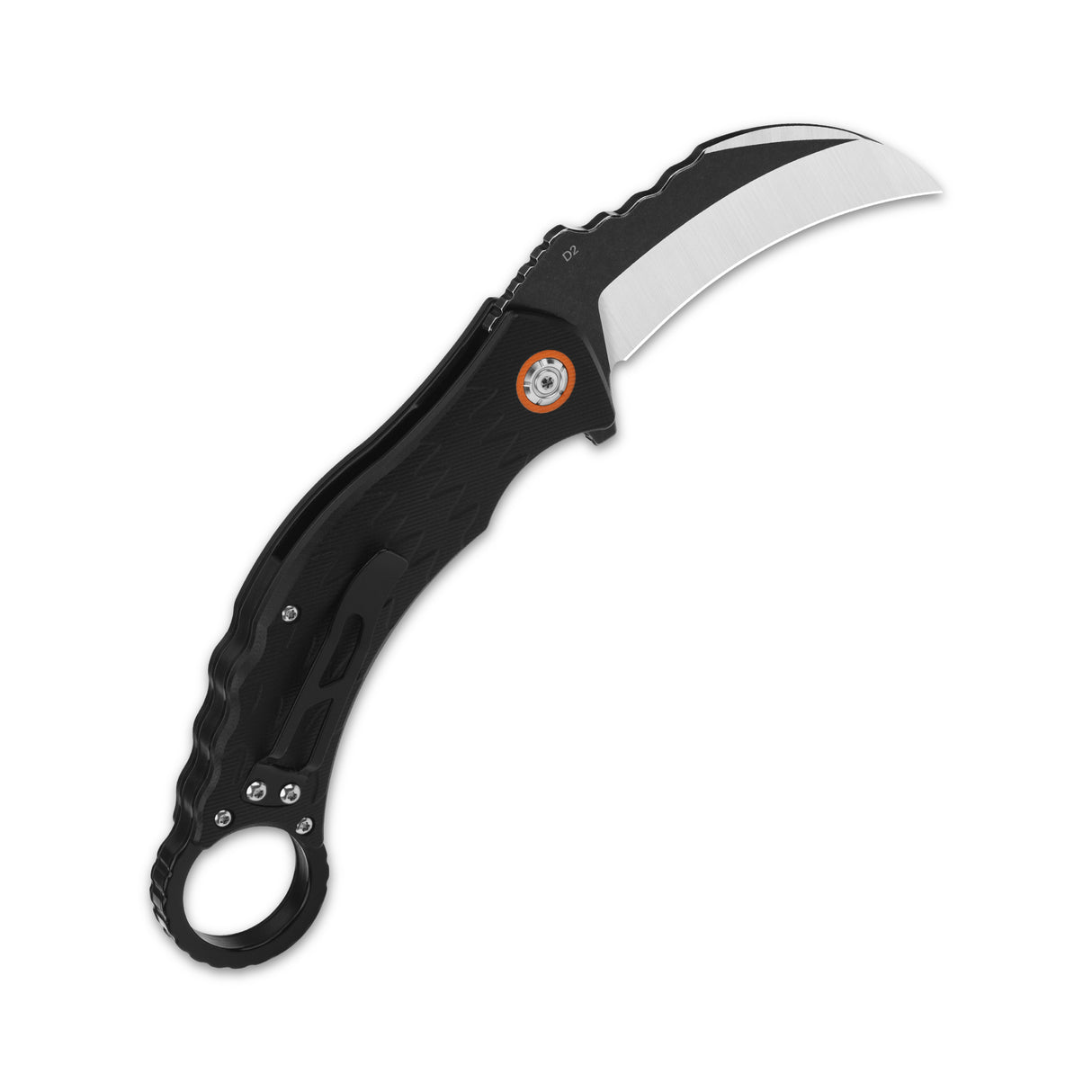 Curved black karambit knife with D2 blade and an ergonomic grip for enhanced control.