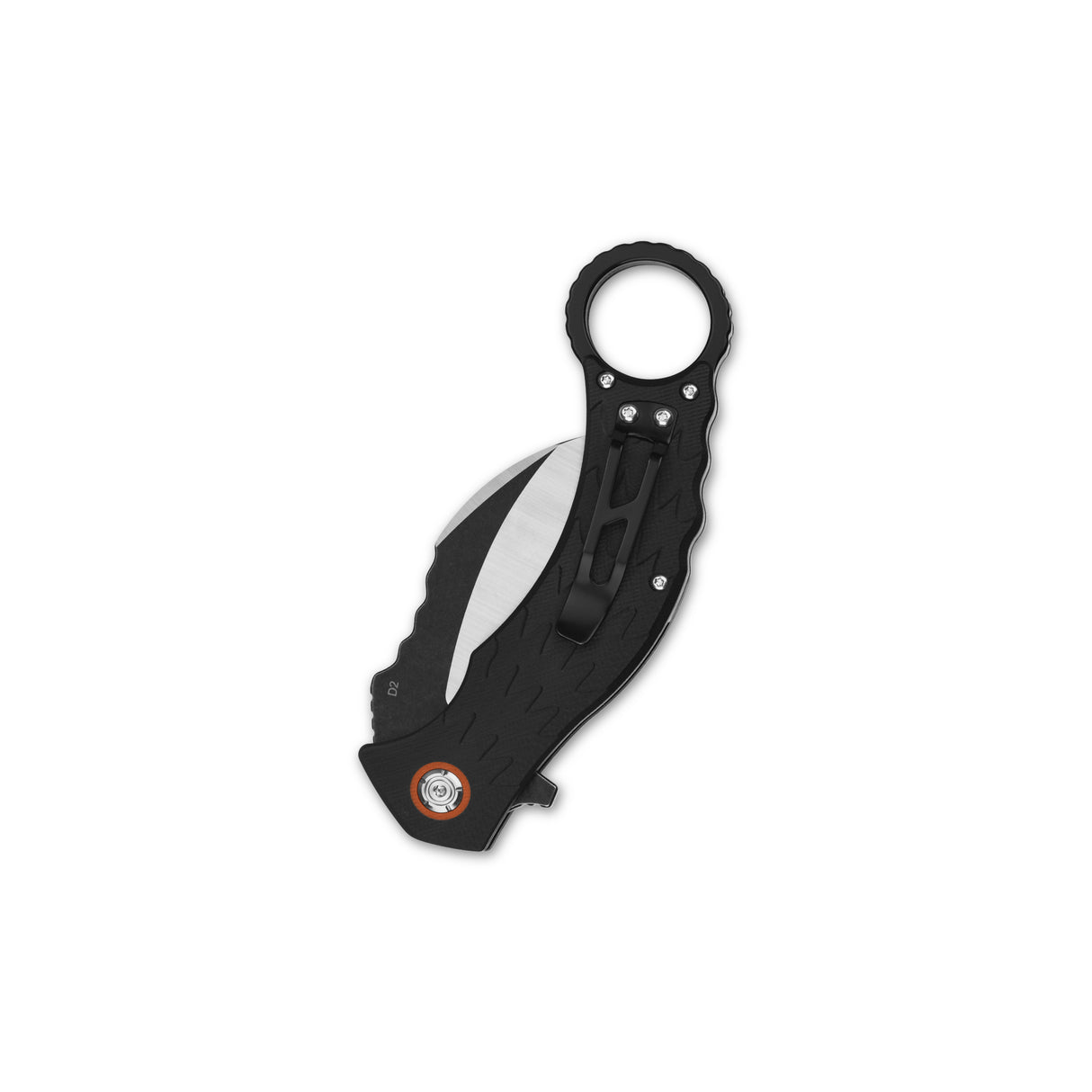 Curved blade karambit knife with ergonomic grip and finger ring