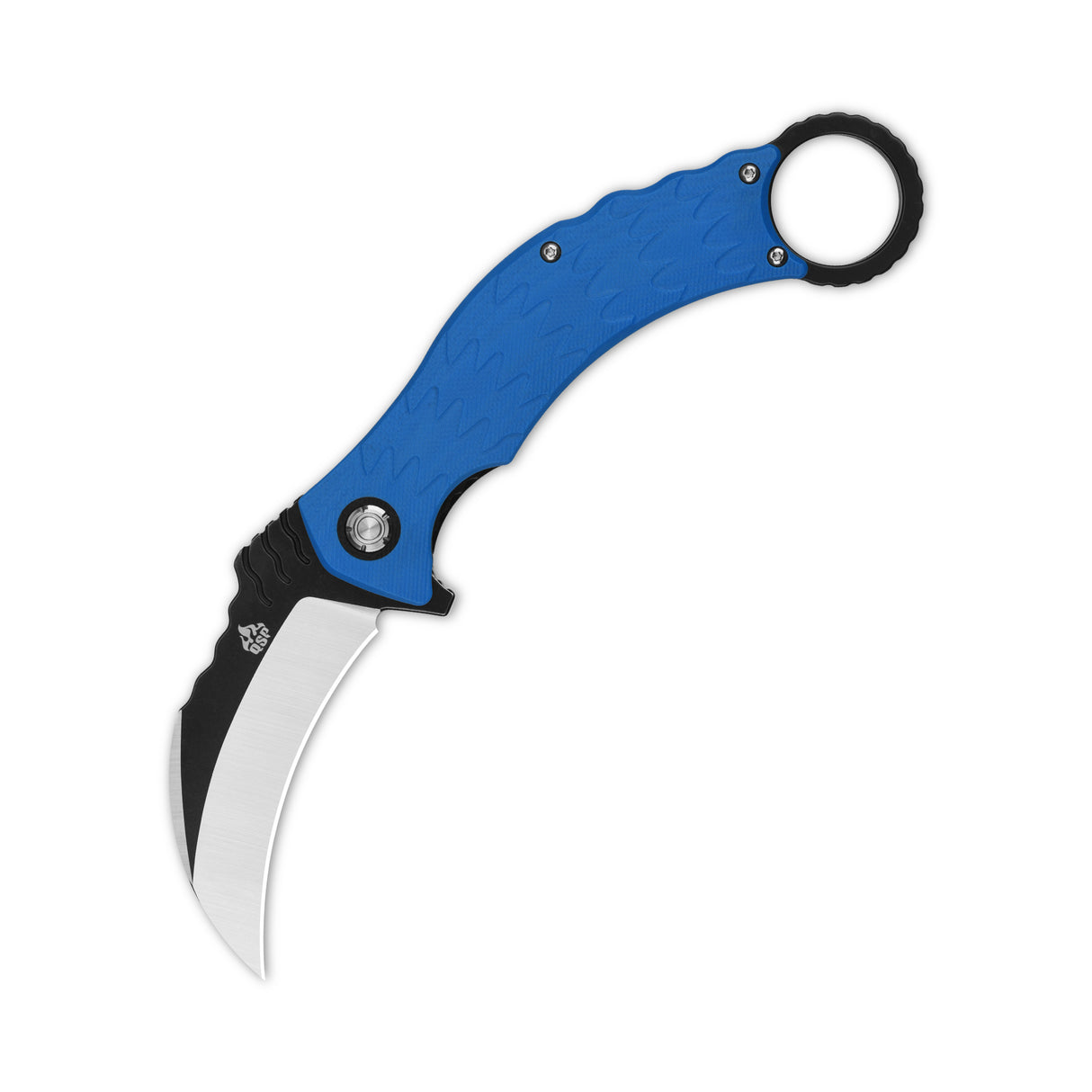 Blue ergonomic karambit knife with a curved D2 blade and a finger ring