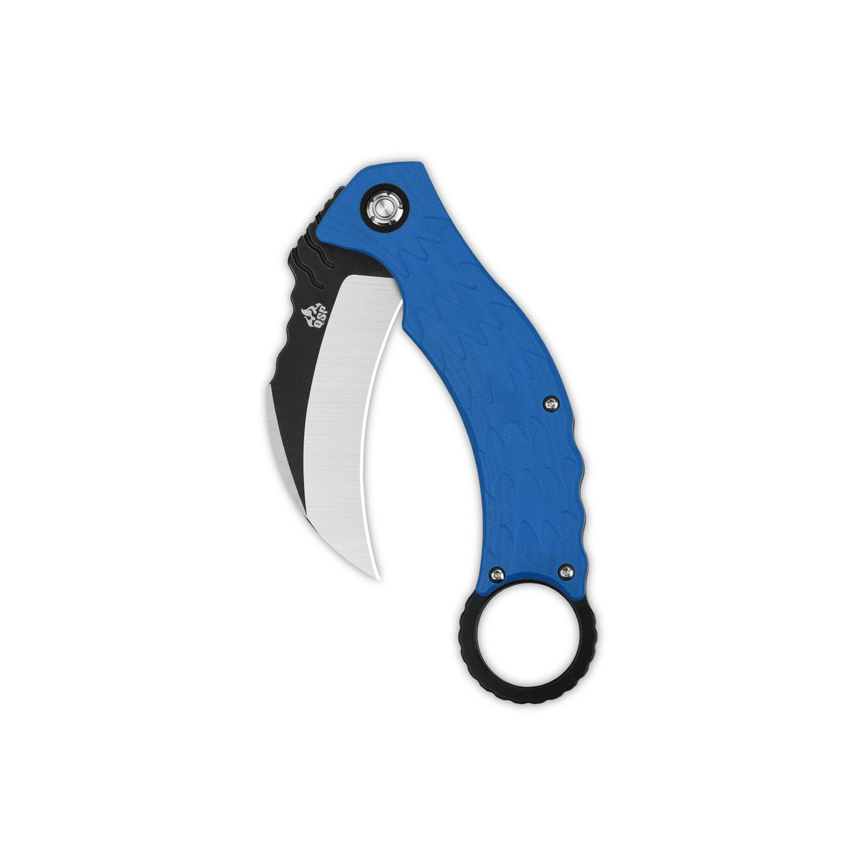 Blue ergonomic karambit knife with curved D2 blade and finger ring for enhanced grip.