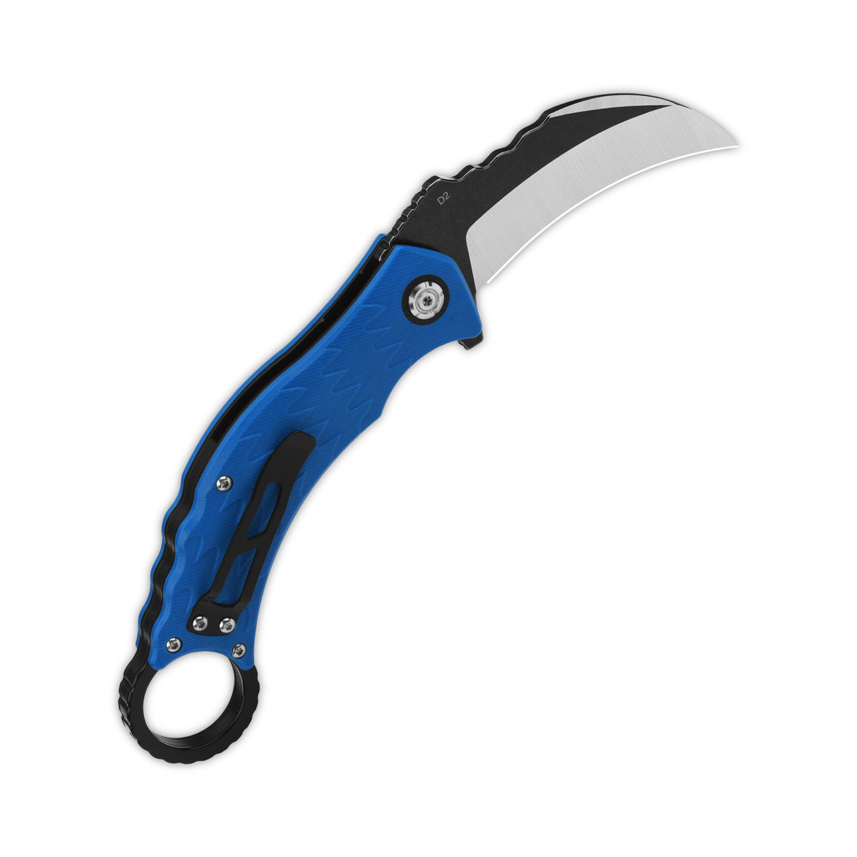 Blue karambit knife featuring a curved D2 blade and an ergonomic handle with finger ring.