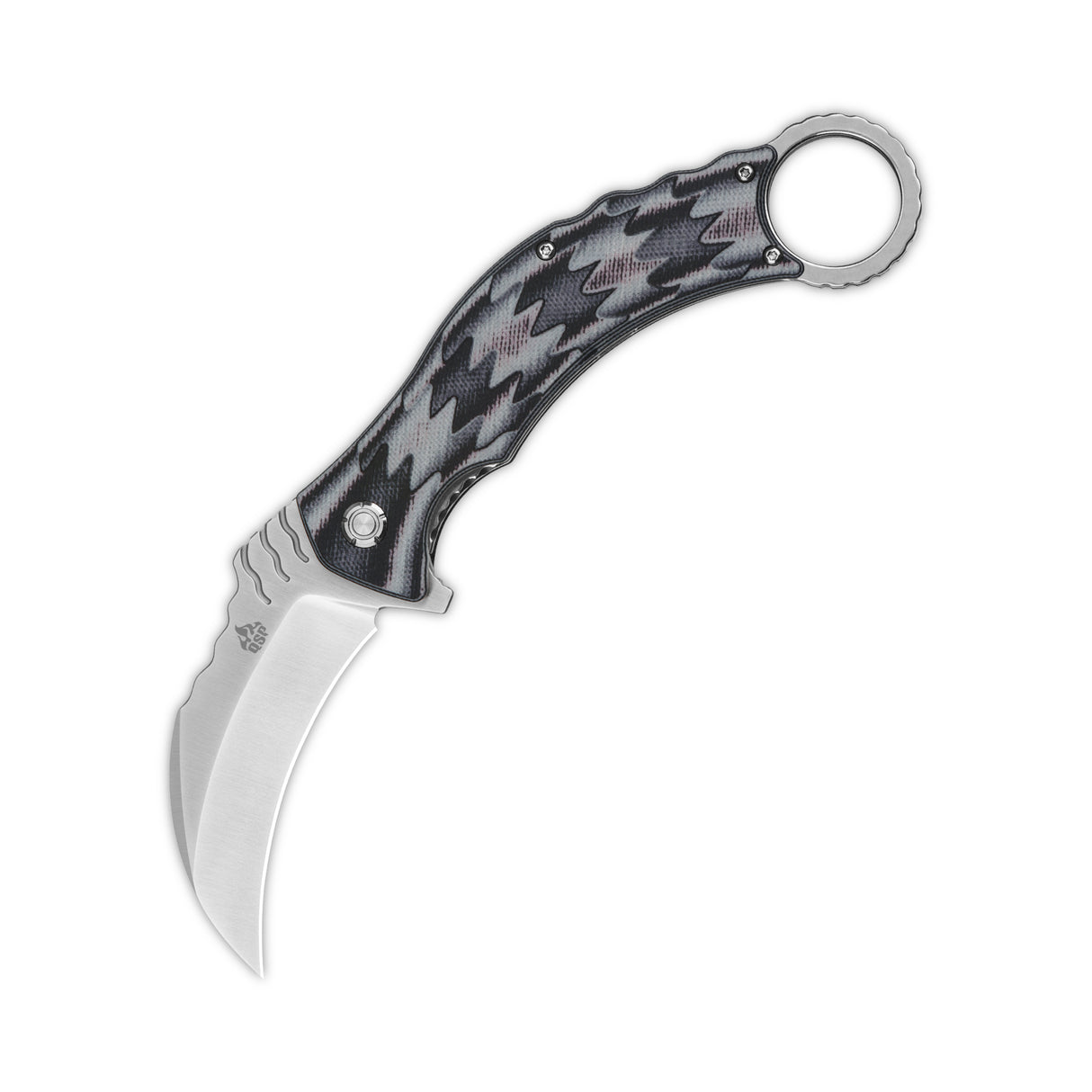 Curved black and gray karambit knife with D2 blade and ergonomic grip for control.
