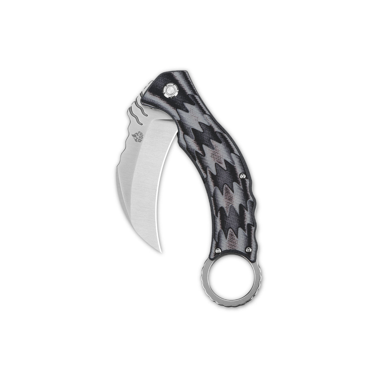 Black and gray curved karambit knife with D2 blade and ergonomic finger ring.