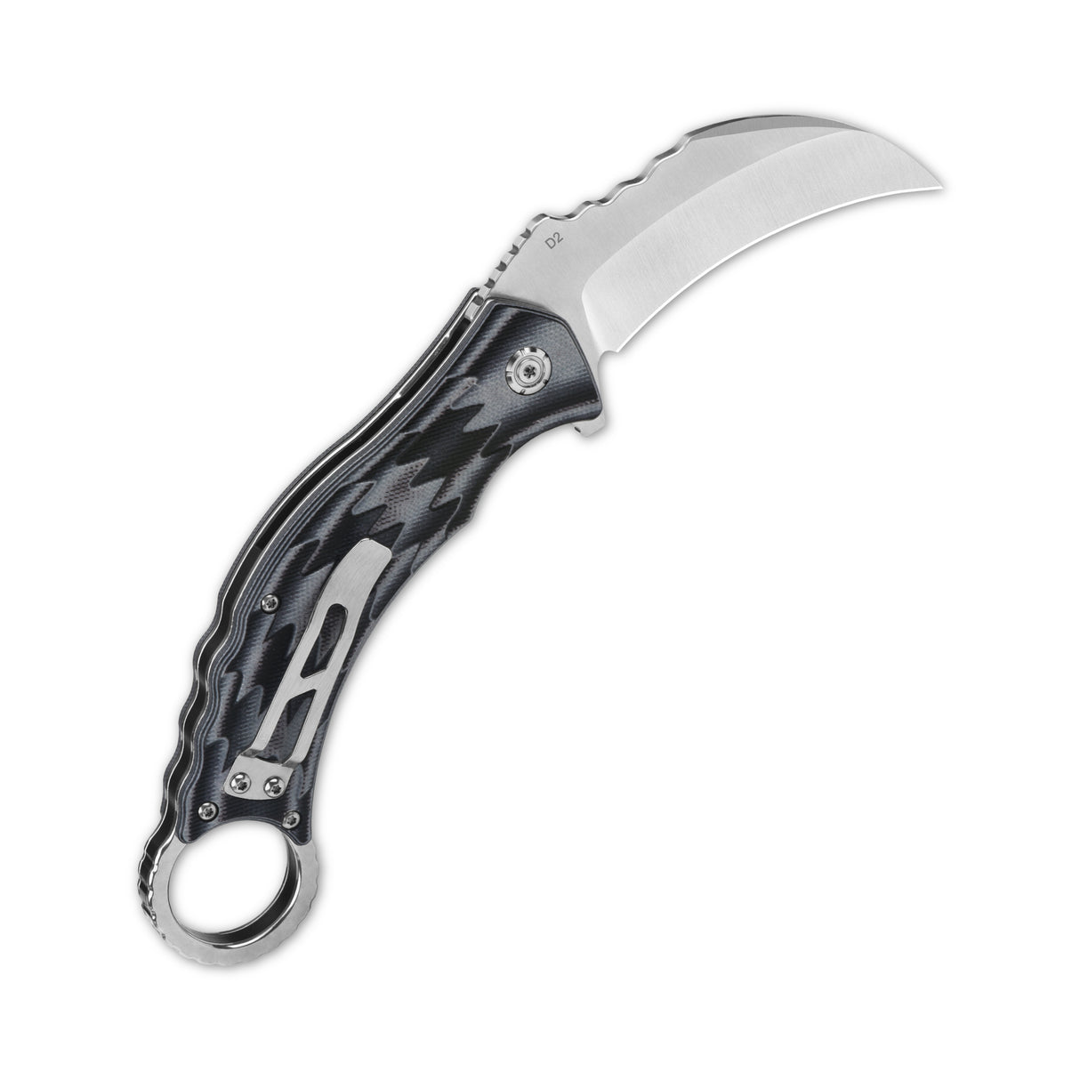 Black and gray karambit knife with curved D2 blade and ergonomic finger ring grip.