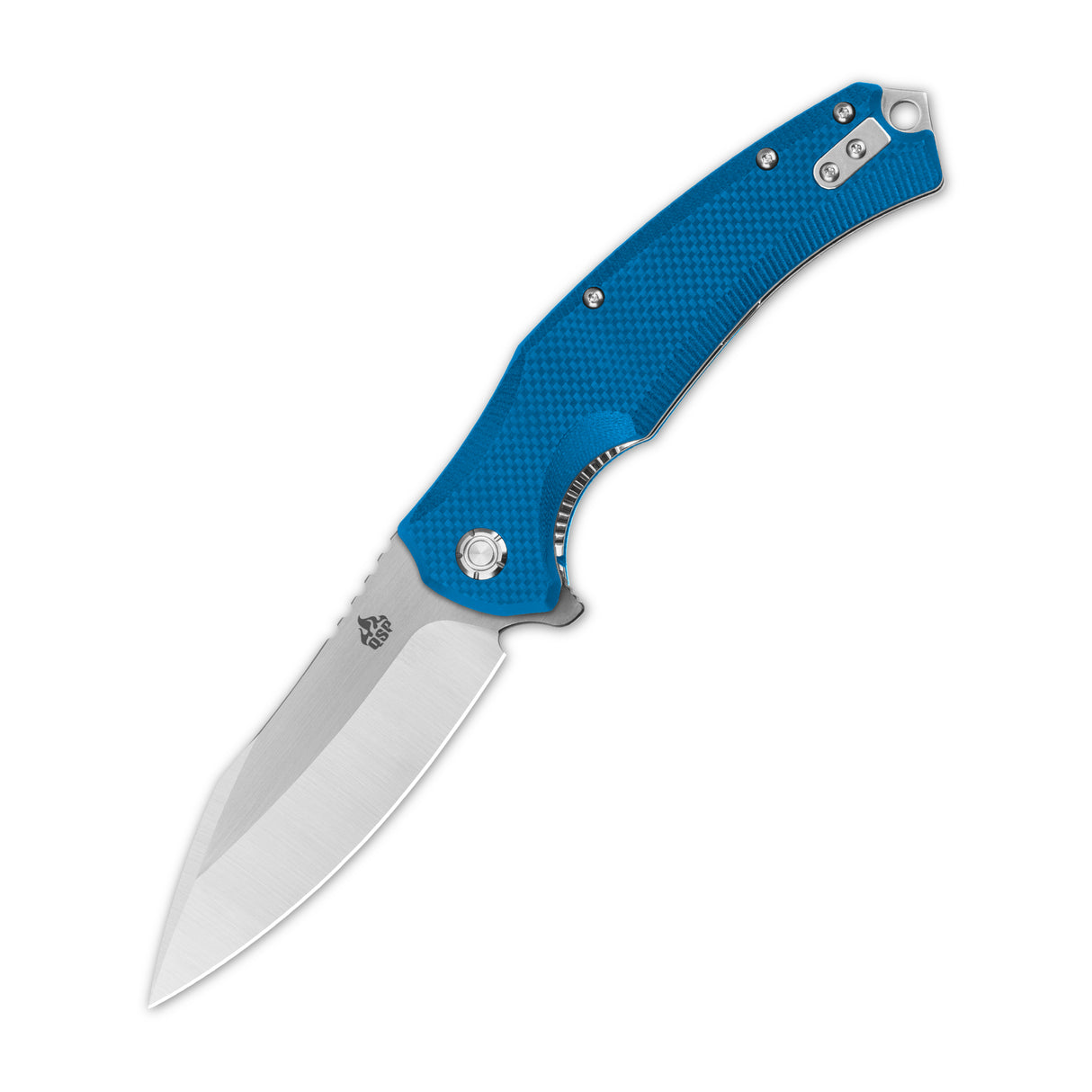 QSP Snipe Liner Lock Pocket Knife with blue G10 handle and D2 blade.