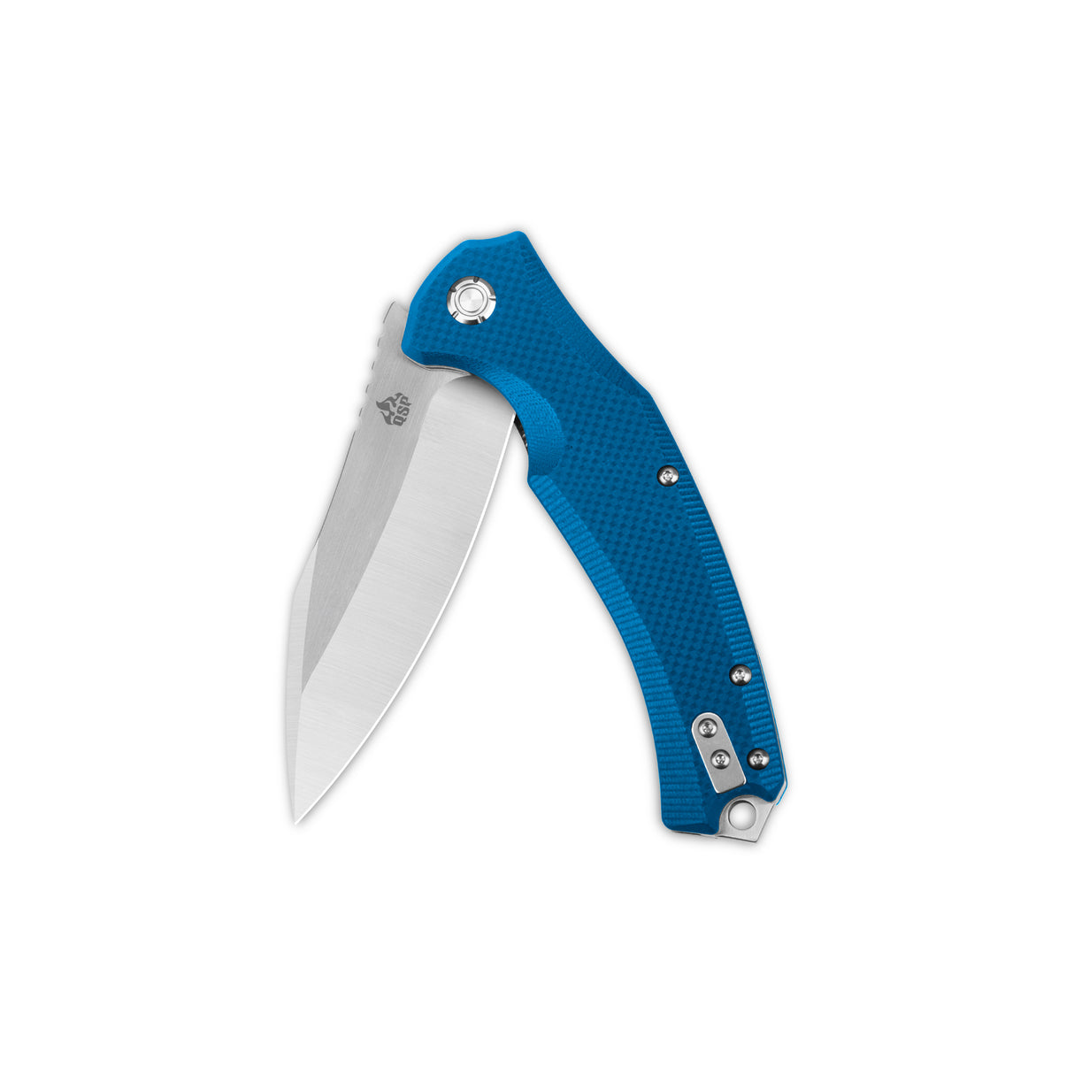 QSP Snipe pocket knife with blue textured G10 handle and shiny D2 steel blade.